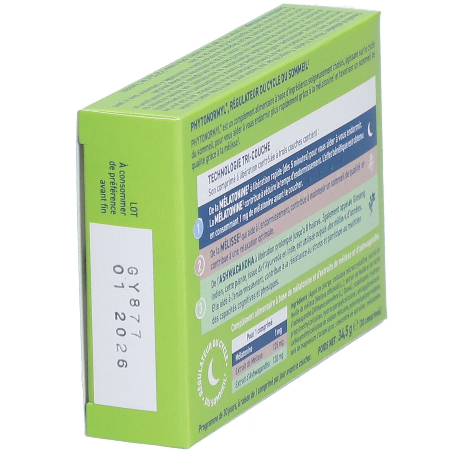 Vue latérale de la boîte Phytonormyl UPSA. Texte en français. Date de péremption.