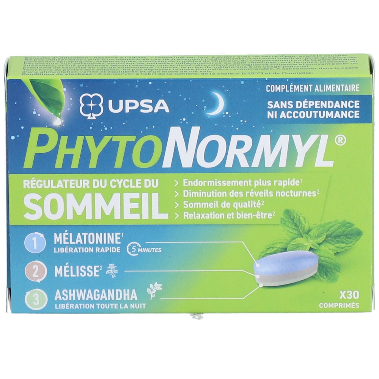 Boîte Phytonormyl UPSA. Vert, bleu et blanc. Contient 30 comprimés. Logo et nom du produit visibles.