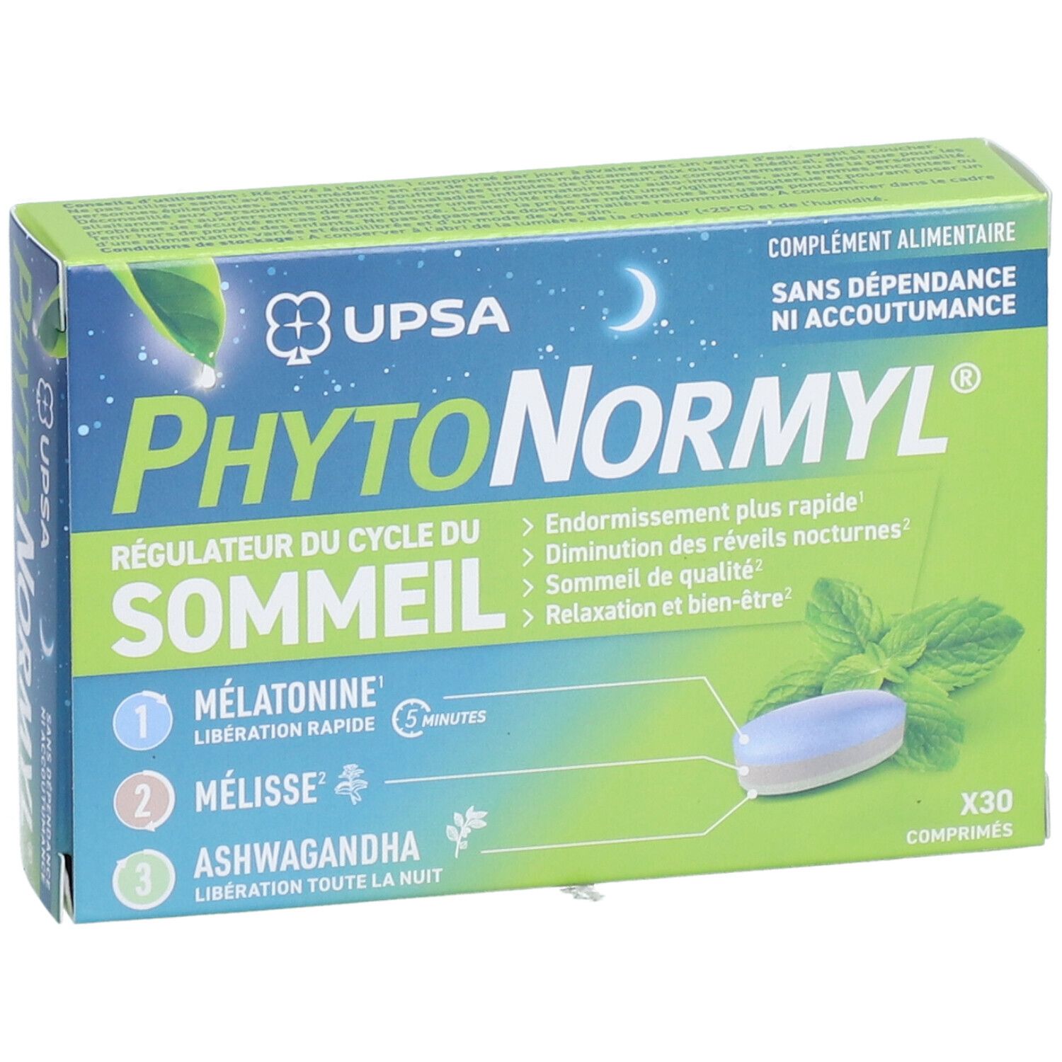 Boîte Phytonormyl UPSA. Vert, bleu et blanc. Contient 30 comprimés. Logo et nom du produit visibles.