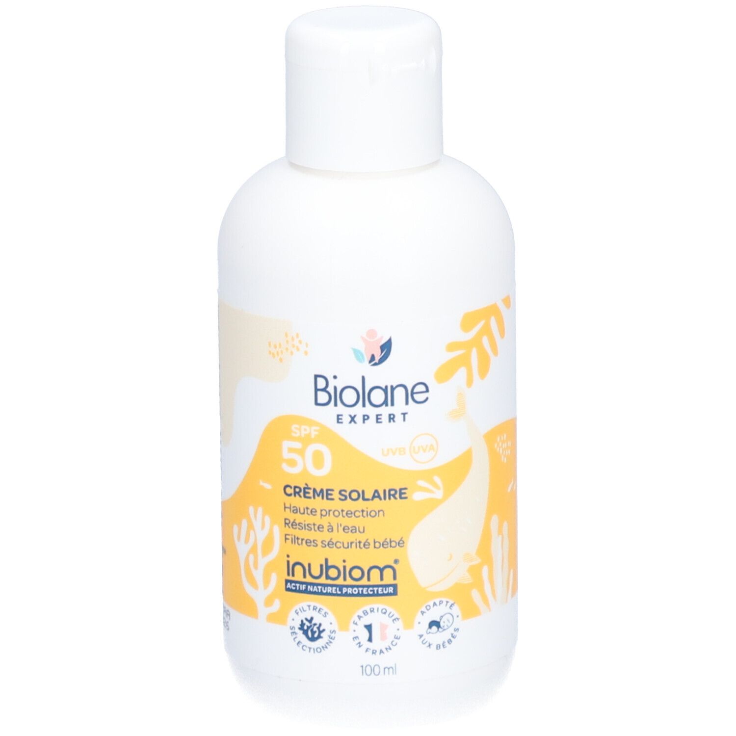 Flacon de crème solaire Biolane Expert SPF50, vue de face. Blanc avec éléments jaunes et informations produit.