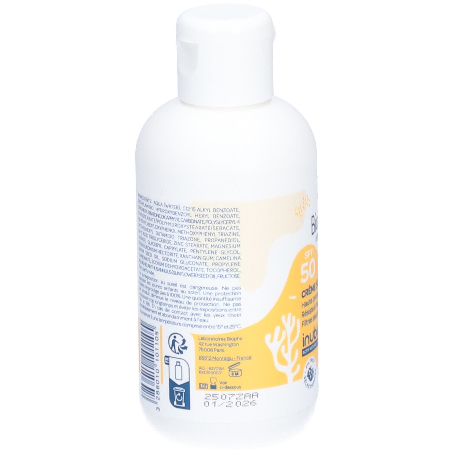 Flacon de crème solaire Biolane Expert SPF50, vue de face. Blanc avec éléments jaunes et informations produit.
