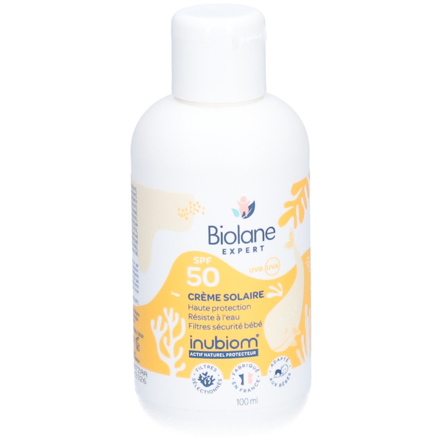 Flacon de crème solaire Biolane Expert SPF50, vue de face. Blanc avec éléments jaunes et informations produit.