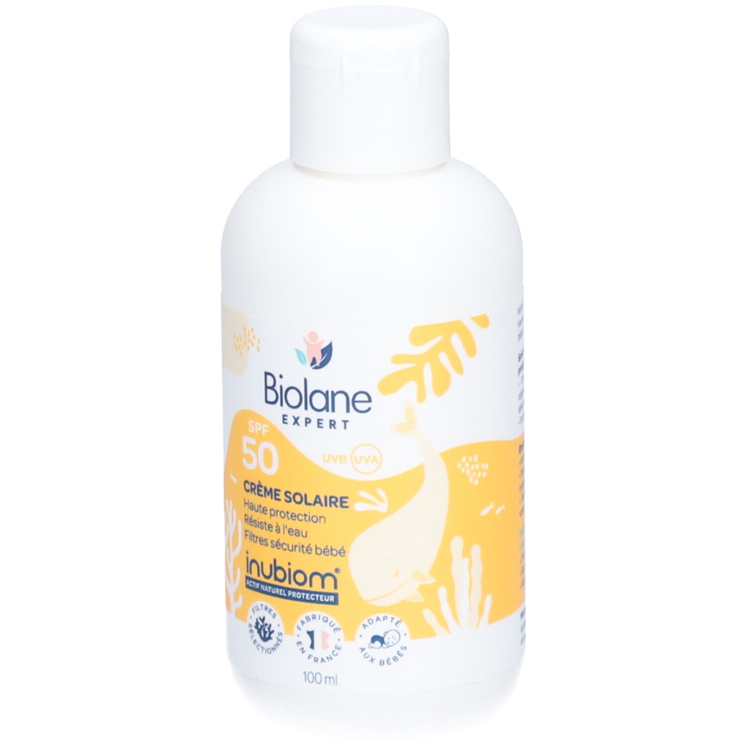 Flacon de crème solaire Biolane Expert SPF50, vue de face. Blanc avec éléments jaunes et informations produit.