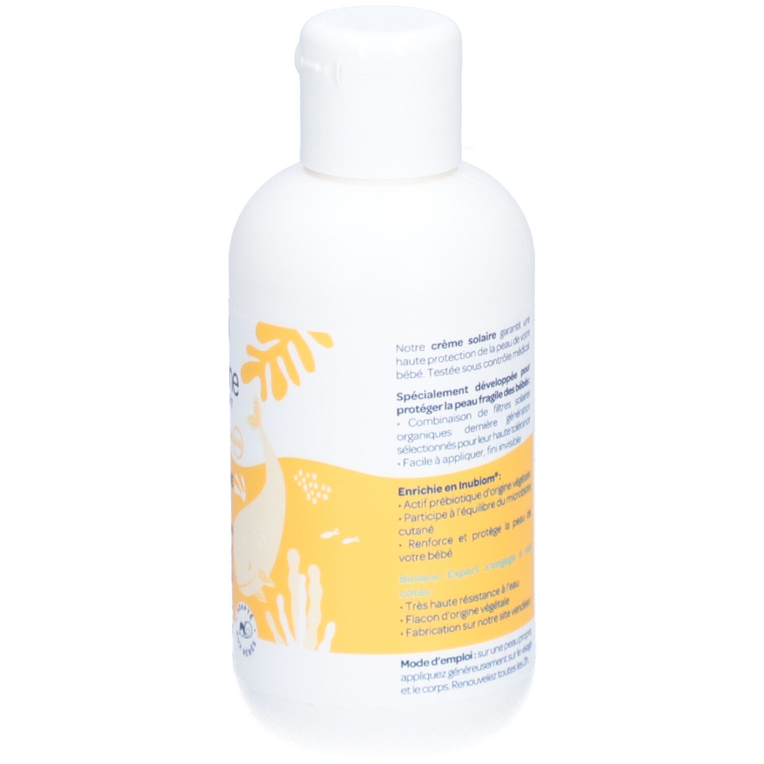 Dos du flacon blanc de crème solaire Biolane Expert SPF50. Texte et illustrations jaunes.
