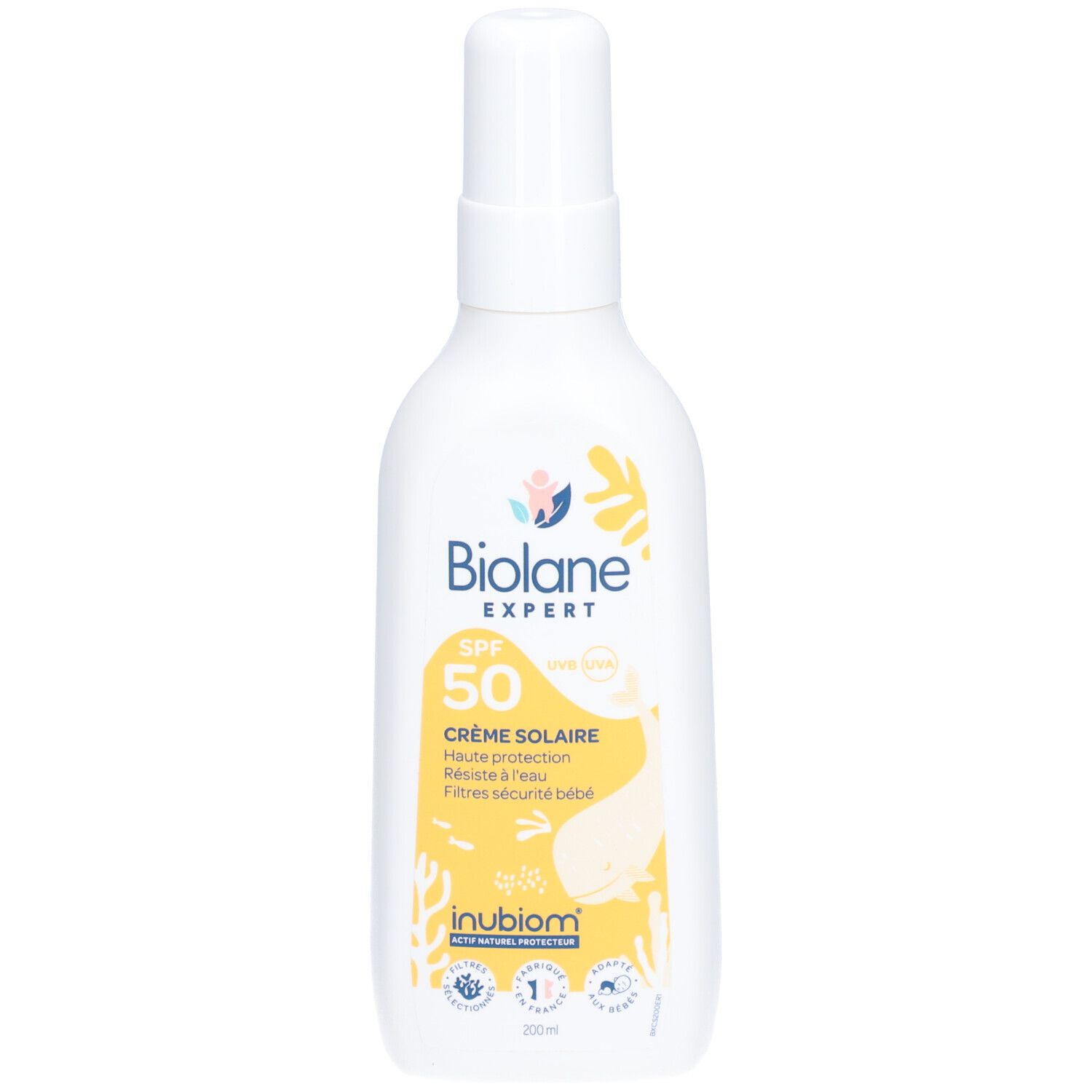 Flacon blanc avec vaporisateur, Biolane Expert Crème Solaire SPF50. Étiquette jaune avec texte et illustrations.