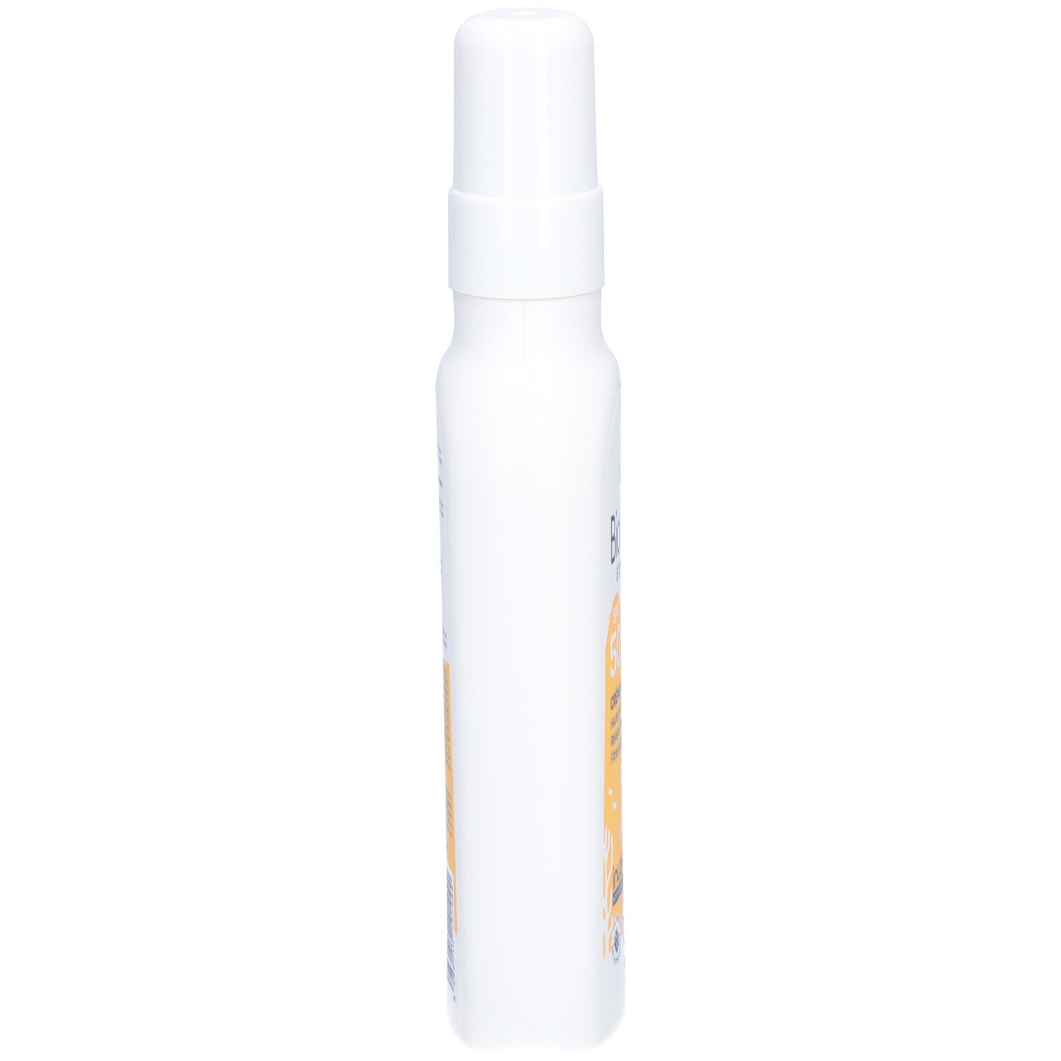 Flacon blanc avec vaporisateur. Biolane Expert Crème Solaire SPF50. Vue latérale. Aucun autre détail visible.