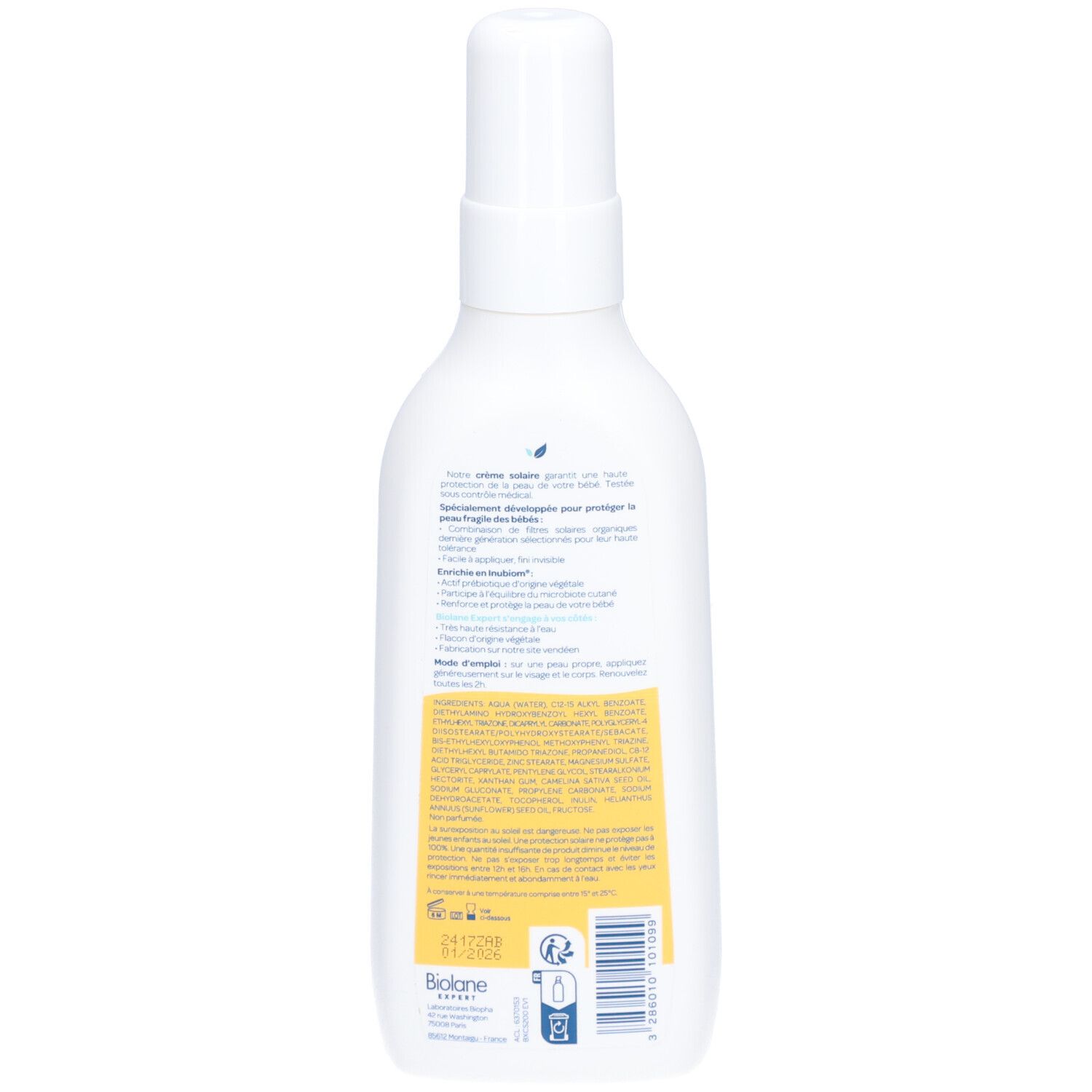 Dos d'un flacon blanc avec vaporisateur. Texte et informations sur étiquette jaune. Biolane Expert.