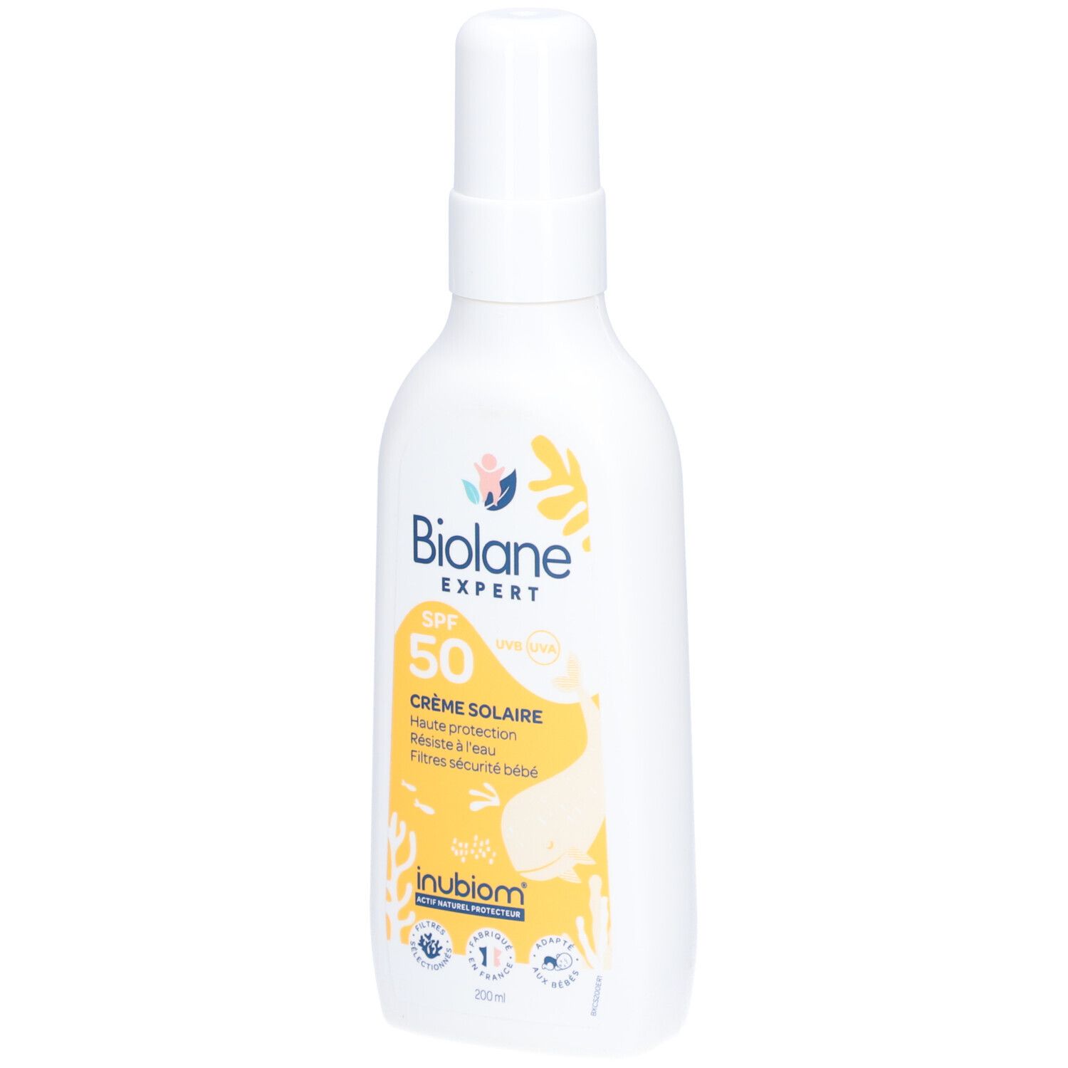 Flacon blanc avec vaporisateur, Biolane Expert Crème Solaire SPF50. Étiquette jaune avec texte et illustrations.