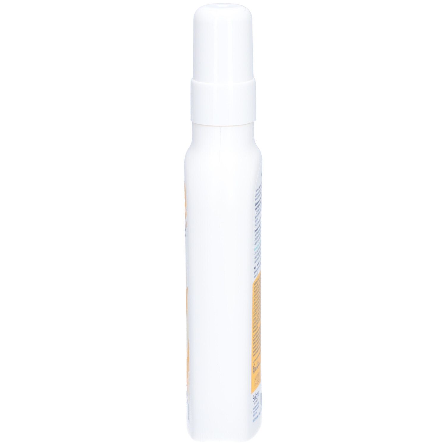 Flacon blanc avec vaporisateur. Biolane Expert Crème Solaire SPF50. Vue latérale. Aucun autre détail visible.