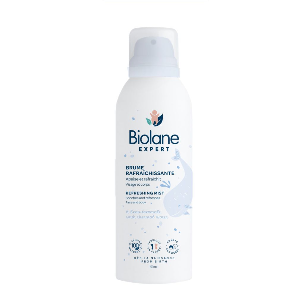 Weiße Sprühflasche mit blauem Deckel. Biolane Expert Erfrischender Nebel. Text und Wal-Illustration. 50ml.