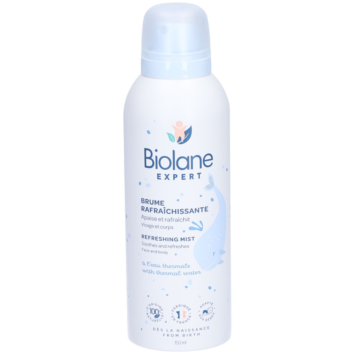Weiße Sprühflasche mit blauem Deckel. Biolane Expert Erfrischender Nebel. Text und Wal-Illustration. 150ml.