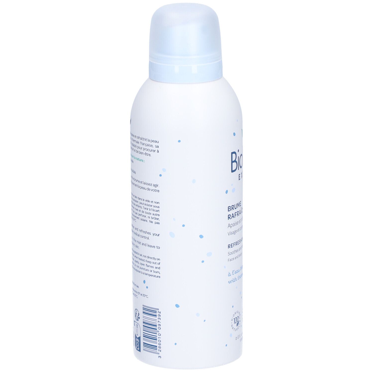 Rückseite der weißen Sprühflasche. Textinformationen und Illustrationen. Biolane Expert Erfrischender Nebel.