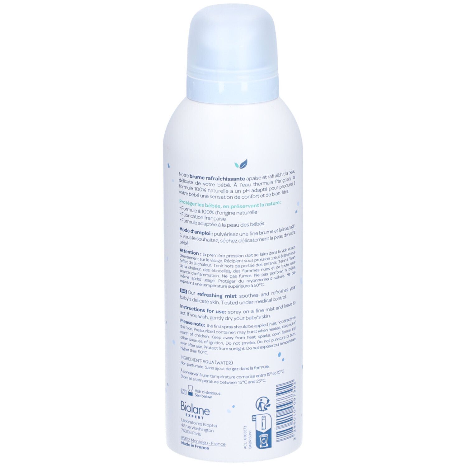 Rückseite der weißen Sprühflasche. Textinformationen und Illustrationen. Biolane Expert Erfrischender Nebel.