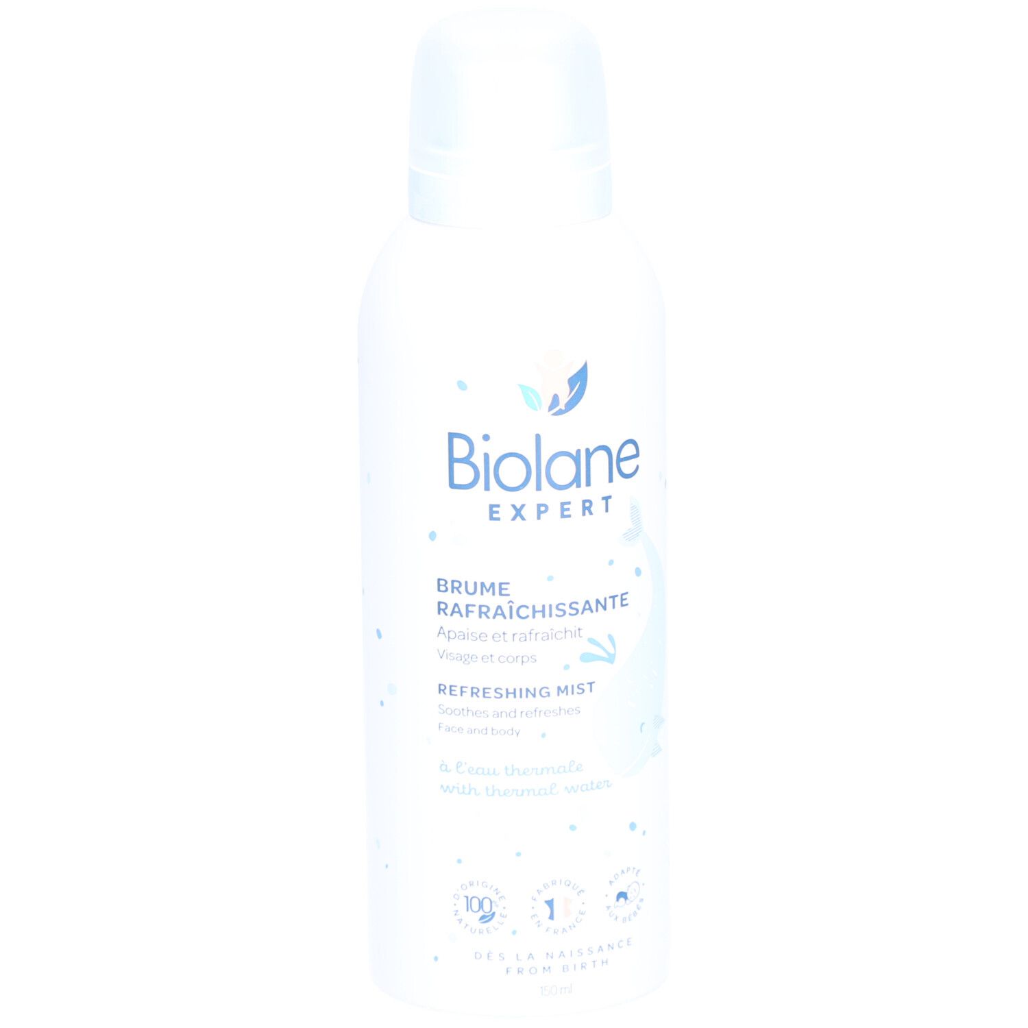 Weiße Sprühflasche mit blauem Deckel. Biolane Expert Erfrischender Nebel. Text.