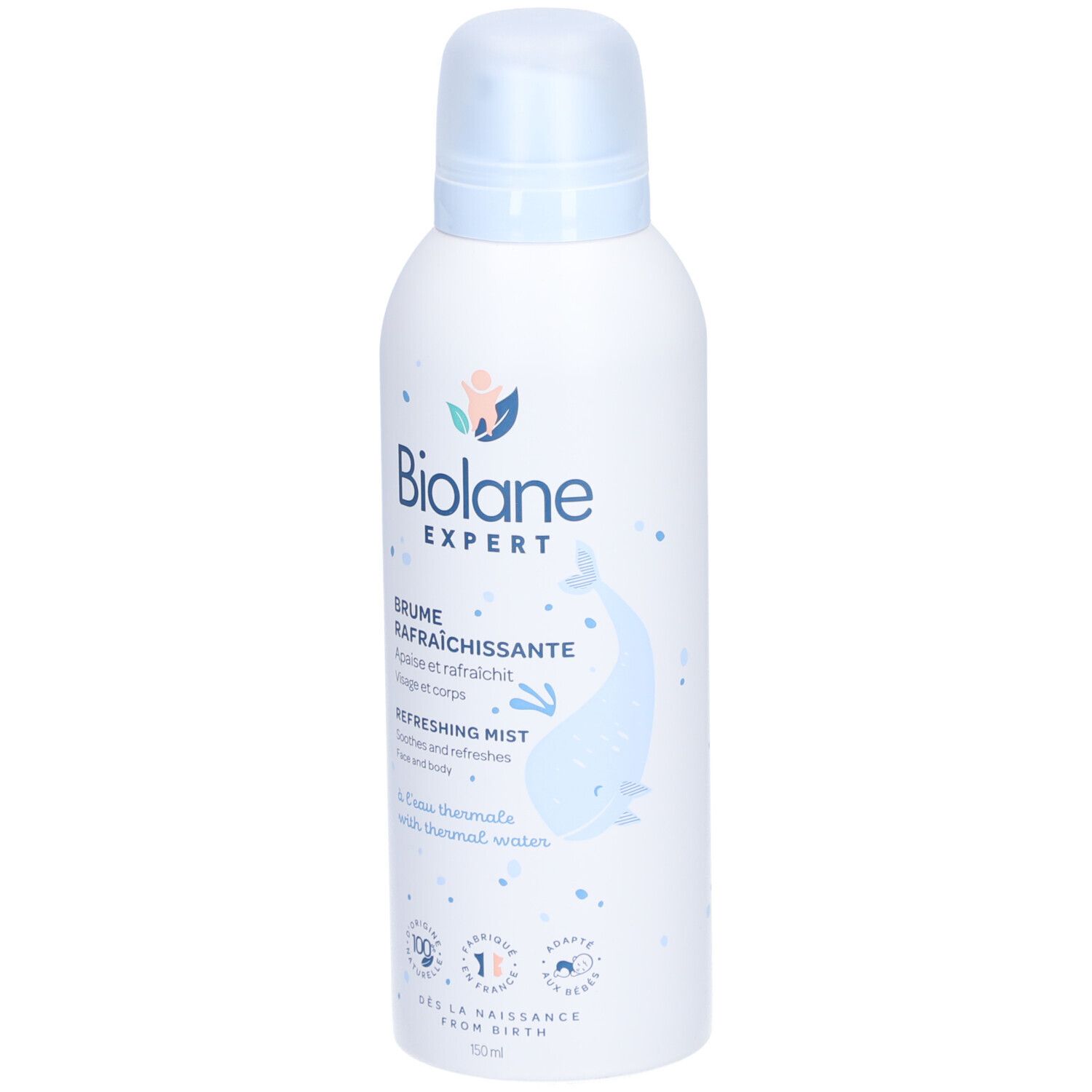 Weiße Sprühflasche mit blauem Deckel. Biolane Expert Erfrischender Nebel. Text und Wal-Illustration. 150ml.