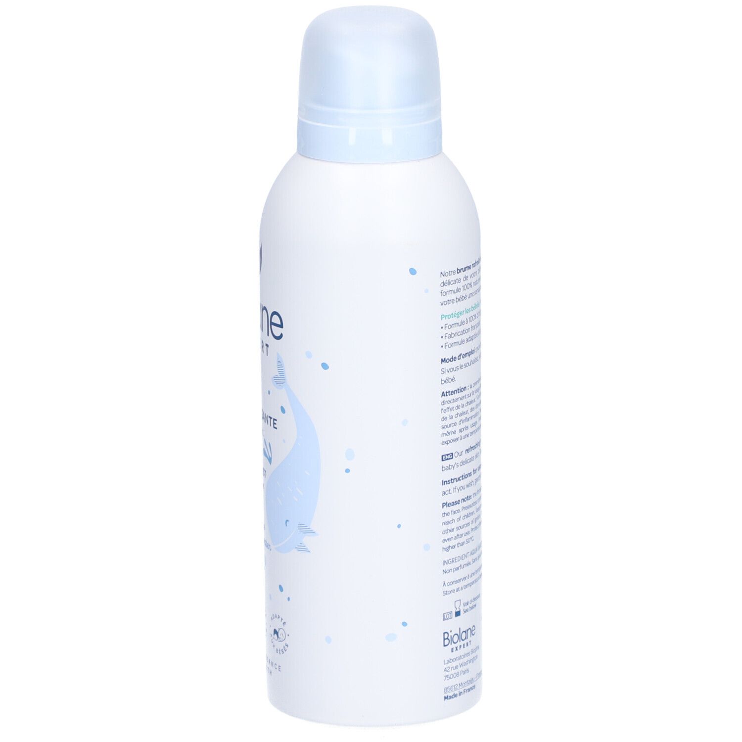 Weiße Sprühflasche mit blauem Deckel. Biolane Expert Erfrischender Nebel. Text und Wal-Illustration.