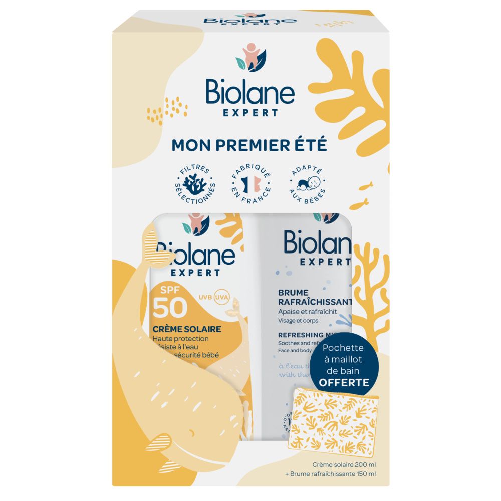 Coffret Biolane Expert. Contient crème solaire SPF50 et brume rafraîchissante. Emballage avec éléments jaunes et texte.