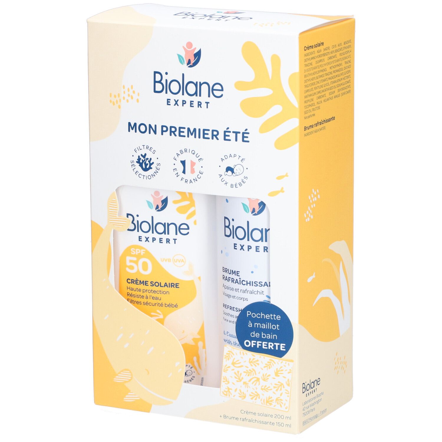 Coffret Biolane Expert. Contient crème solaire SPF50 et brume rafraîchissante. Emballage avec éléments jaunes et texte.