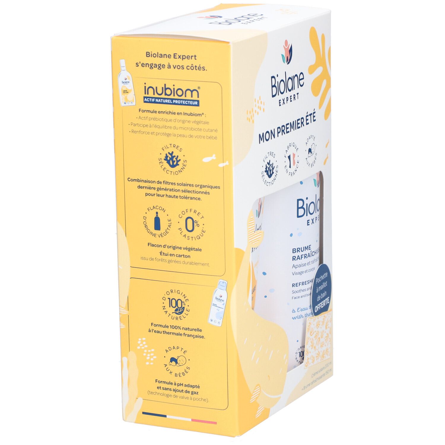 Coffret Biolane Expert. Contient crème solaire SPF50 et brume rafraîchissante. Emballage avec éléments jaunes et texte.