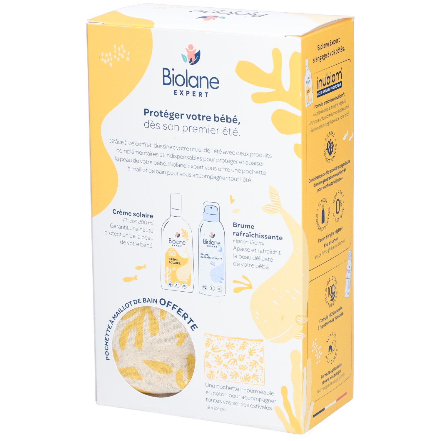 Coffret Biolane Expert. Contient crème solaire SPF50 et brume rafraîchissante. Emballage avec éléments jaunes et texte.
