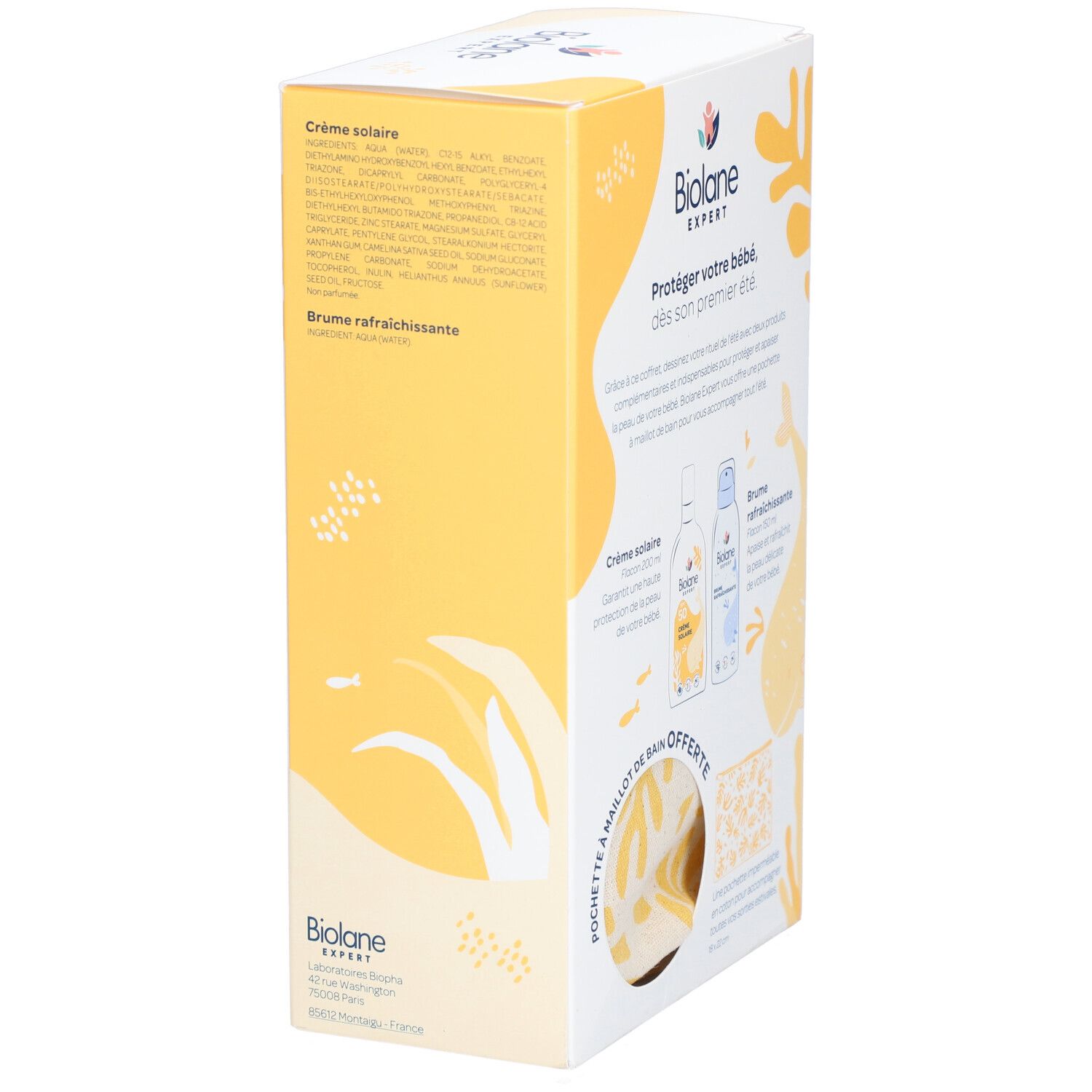 Coffret Biolane Expert. Contient crème solaire SPF50 et brume rafraîchissante. Emballage avec éléments jaunes et texte.