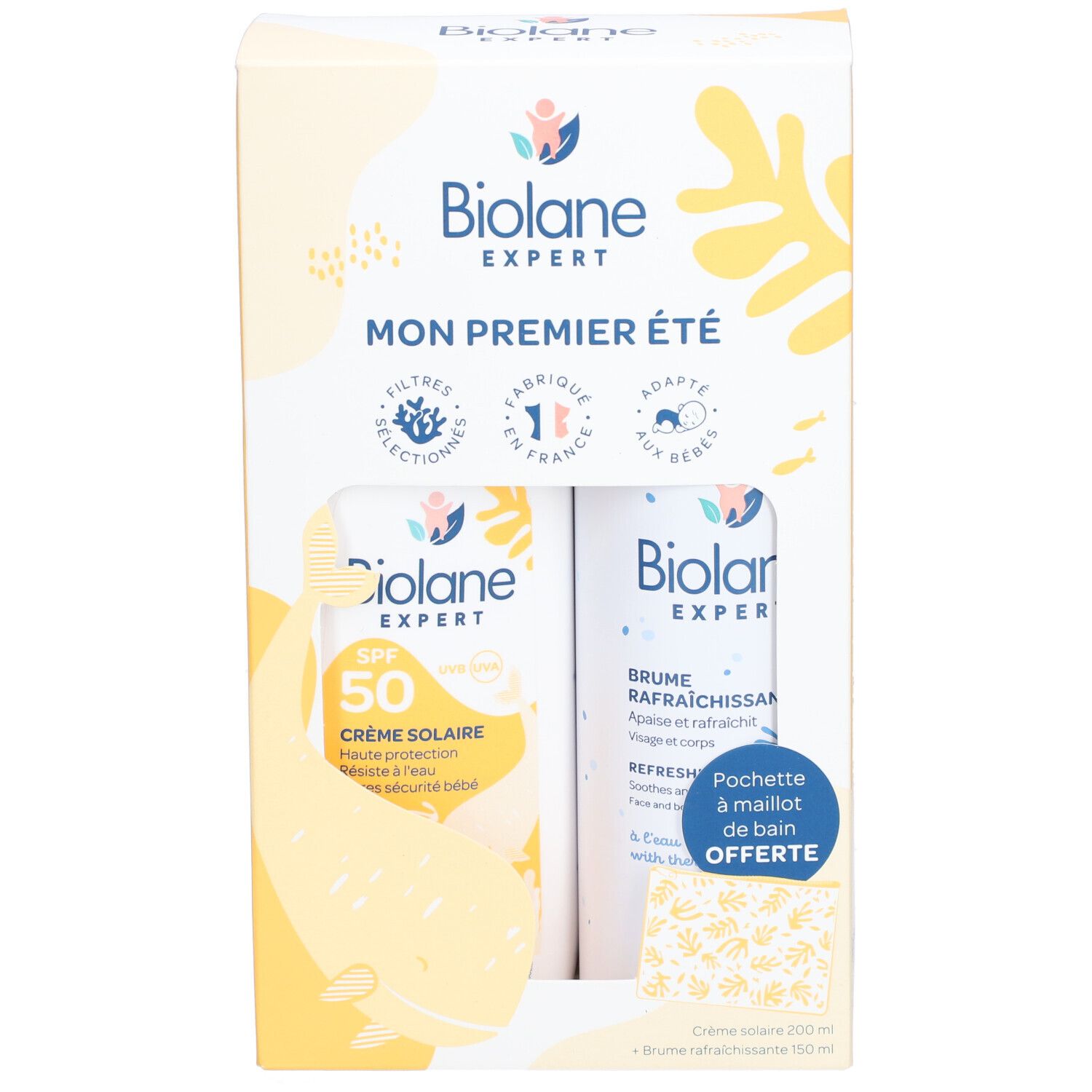 Coffret Biolane Expert. Contient crème solaire SPF50 et brume rafraîchissante. Emballage avec éléments jaunes et texte.