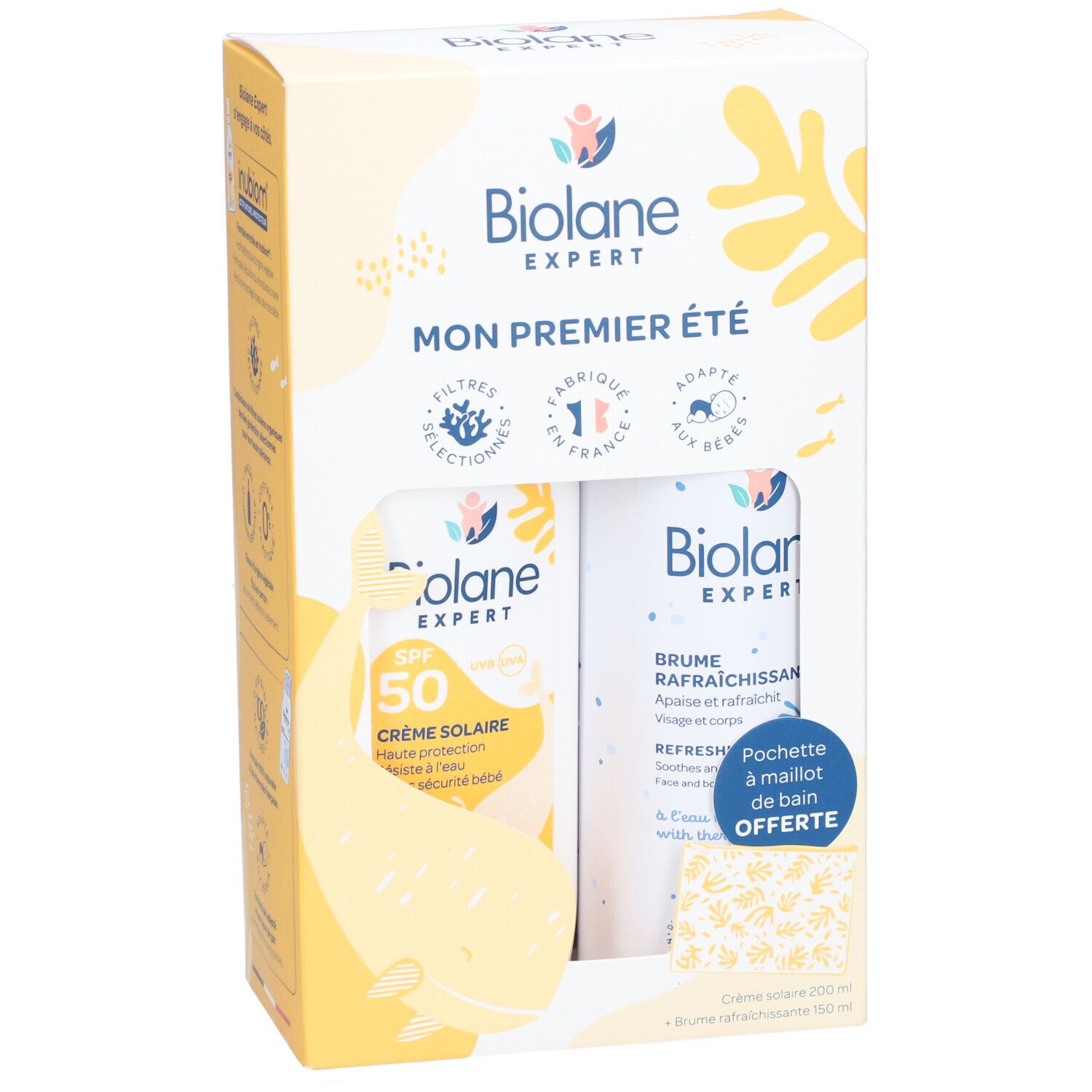 Coffret Biolane Expert. Contient crème solaire SPF50 et brume rafraîchissante. Emballage avec éléments jaunes et texte.