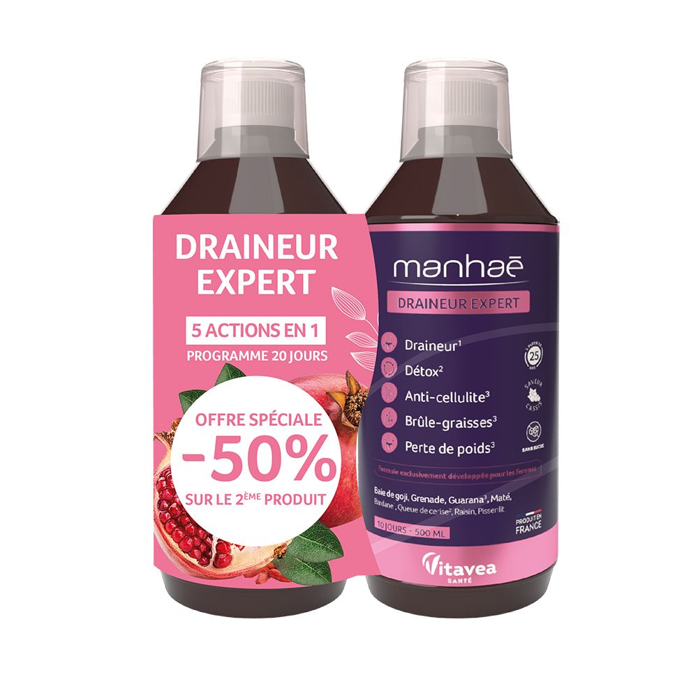 Deux flacons de MANHAE DRAINEUR EXPERT. Étiquettes roses avec informations produit et illustration de grenade. Offre spéciale : -50% sur le 2ème produit.