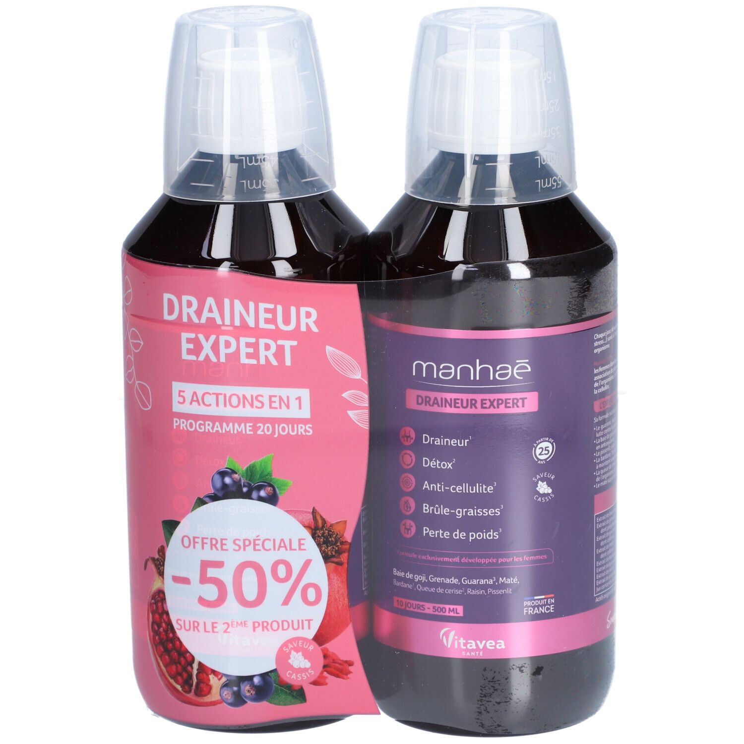 Deux flacons MANHAE DRAINEUR EXPERT. Étiquettes roses avec infos produit et illustrations de grenade et baies. -50% sur le 2ème produit.