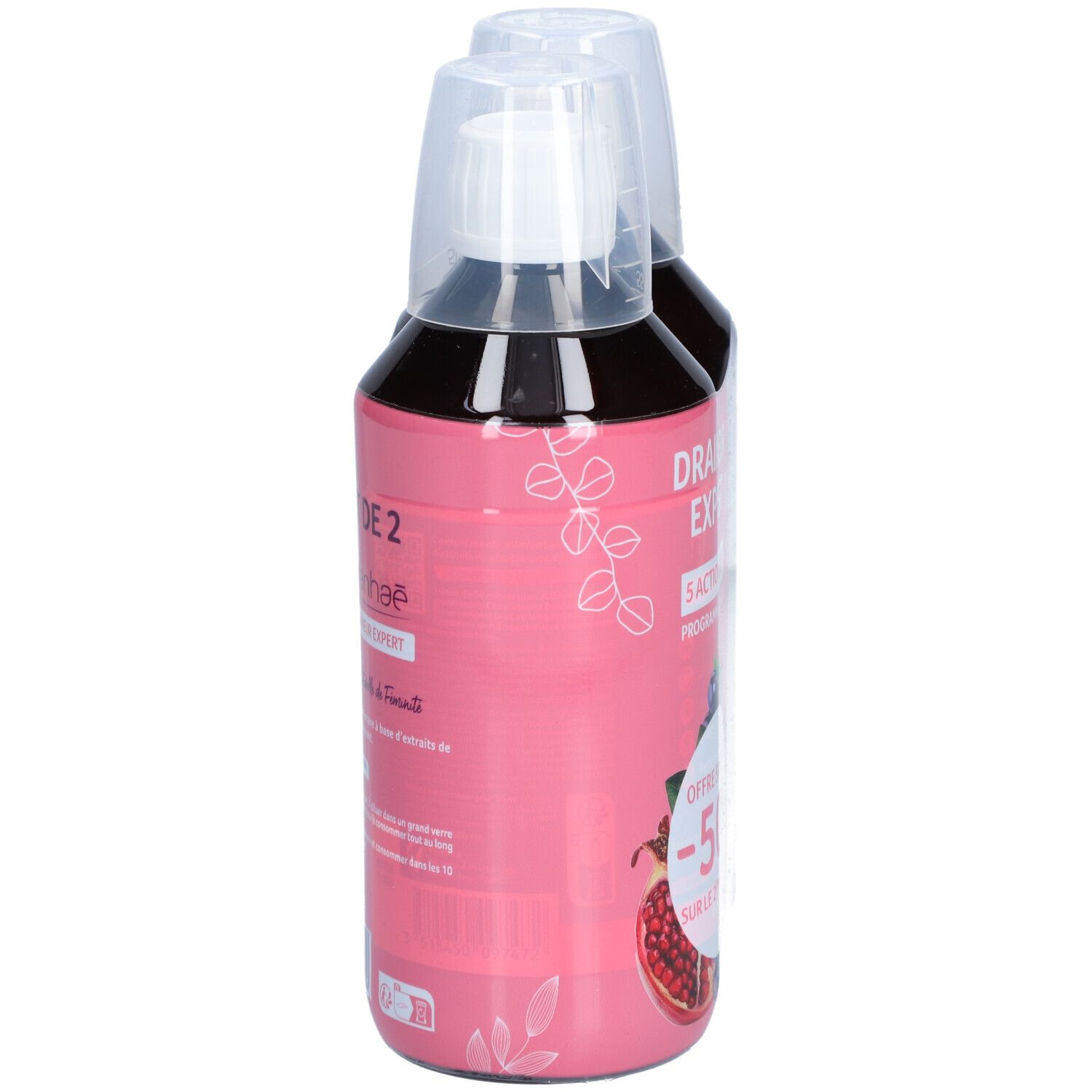 Deux flacons MANHAE DRAINEUR EXPERT. Étiquettes roses avec infos produit et illustrations de grenade et baies. -50% sur le 2ème produit.