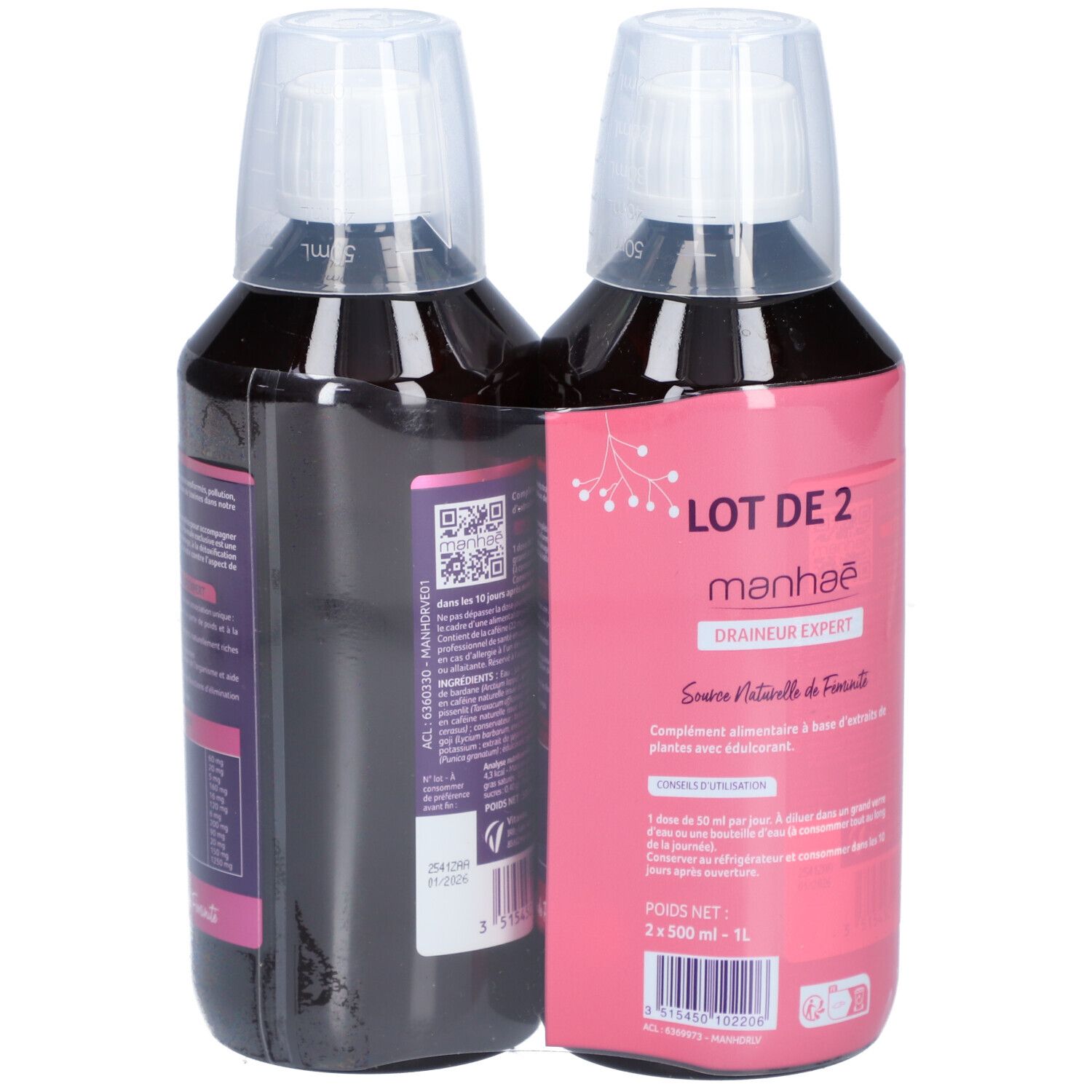 Deux flacons MANHAE DRAINEUR EXPERT. Étiquettes roses avec infos produit et grenade. -50% sur le 2ème produit. Vue latérale.