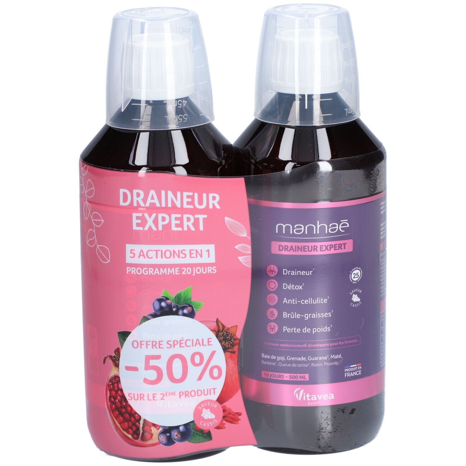 Deux flacons MANHAE DRAINEUR EXPERT. Dos avec informations produit. Emballage plastique transparent.