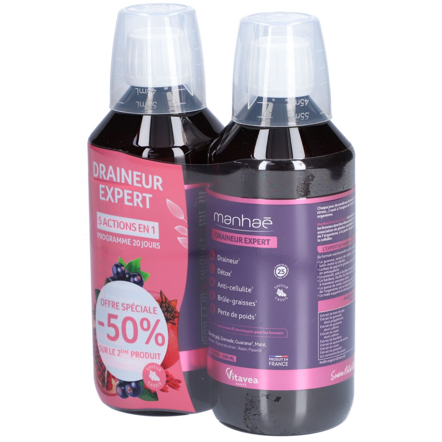 Deux flacons MANHAE DRAINEUR EXPERT. Étiquettes roses avec infos produit et illustrations de grenade et baies. -50% sur le 2ème produit.