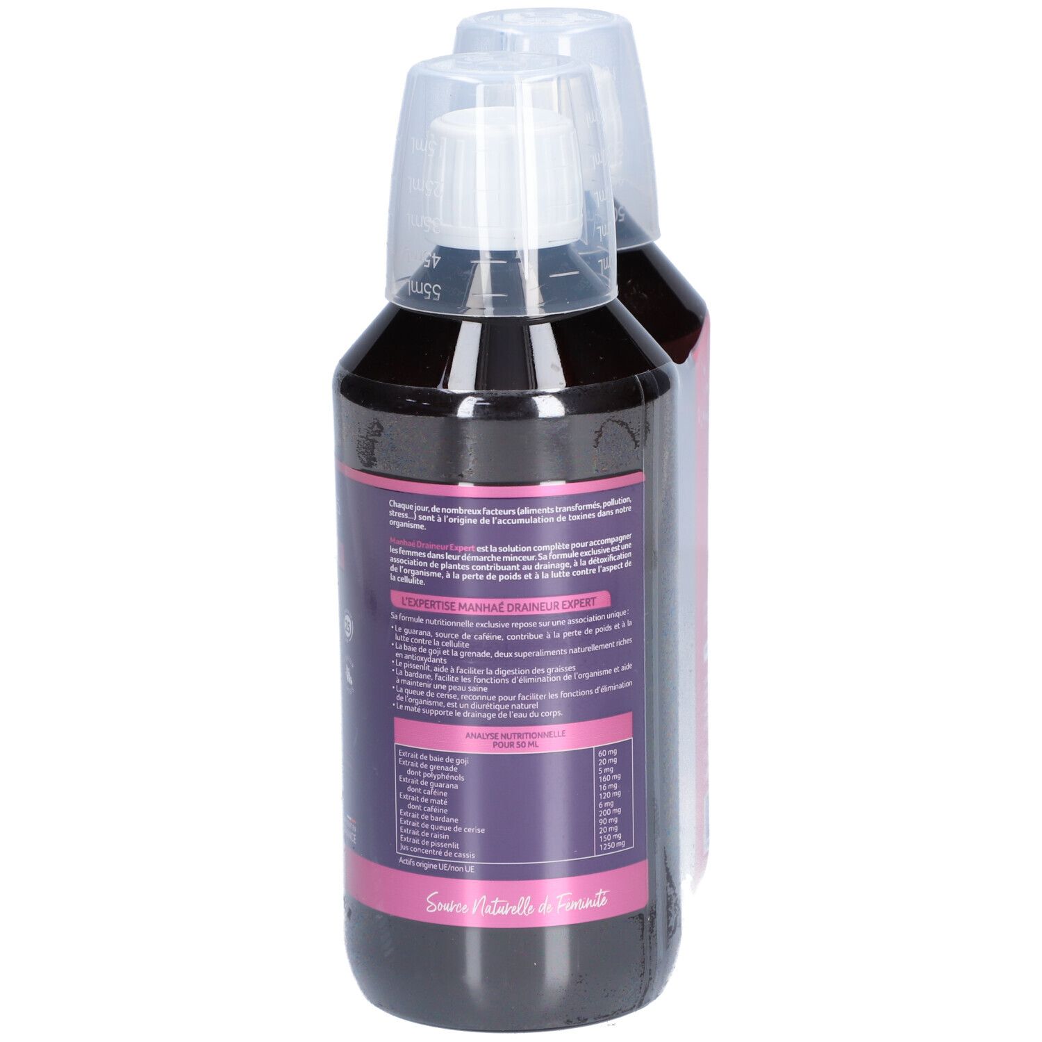 Deux flacons MANHAE DRAINEUR EXPERT. Dos avec informations produit. Emballage plastique transparent.