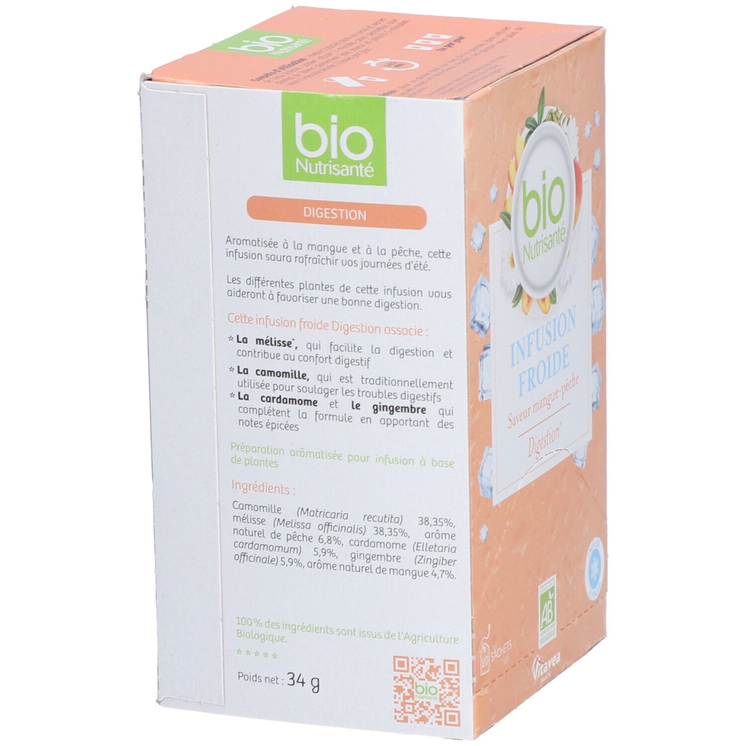 Boîte de thé aux herbes. Inscription : Bio Nutrisanté, Infusion Froide, Digestion. Liste des ingrédients et informations nutritionnelles. Avec label bio.