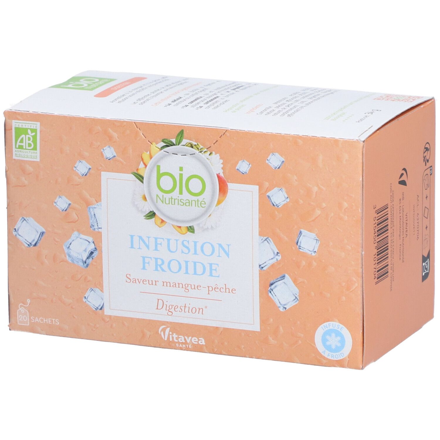 Boîte de thé aux herbes. Inscription : Bio Nutrisanté, Infusion Froide, Saveur mangue-pêche, Digestion. Avec label bio.