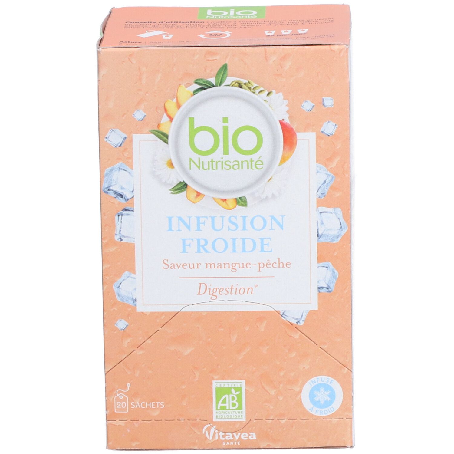 Boîte de thé aux herbes. Inscription : Bio Nutrisanté, Infusion Froide, Saveur mangue-pêche, Digestion. Avec label bio.