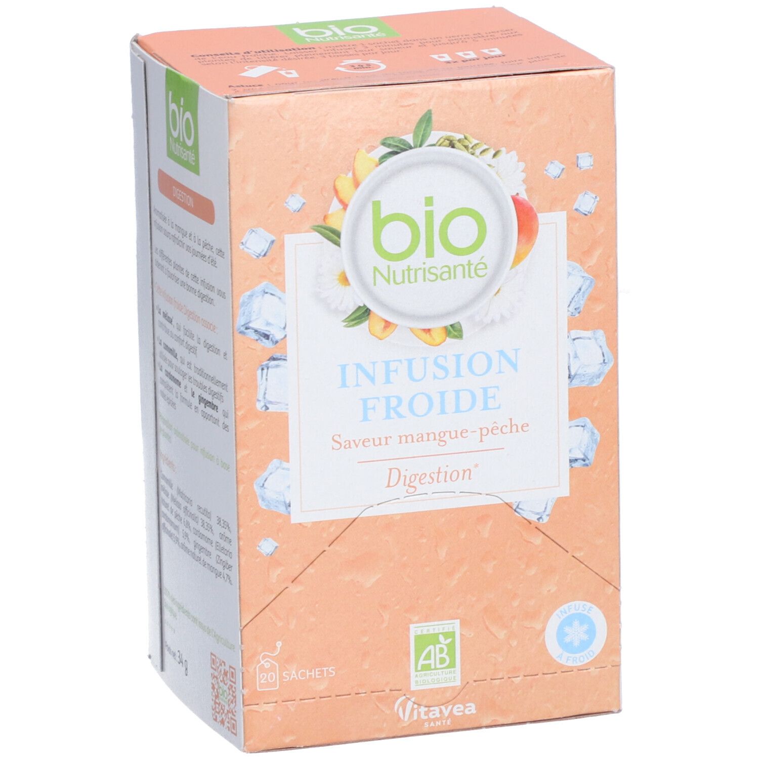 Boîte de thé aux herbes. Inscription : Bio Nutrisanté, Infusion Froide, Saveur mangue-pêche, Digestion. Avec label bio.