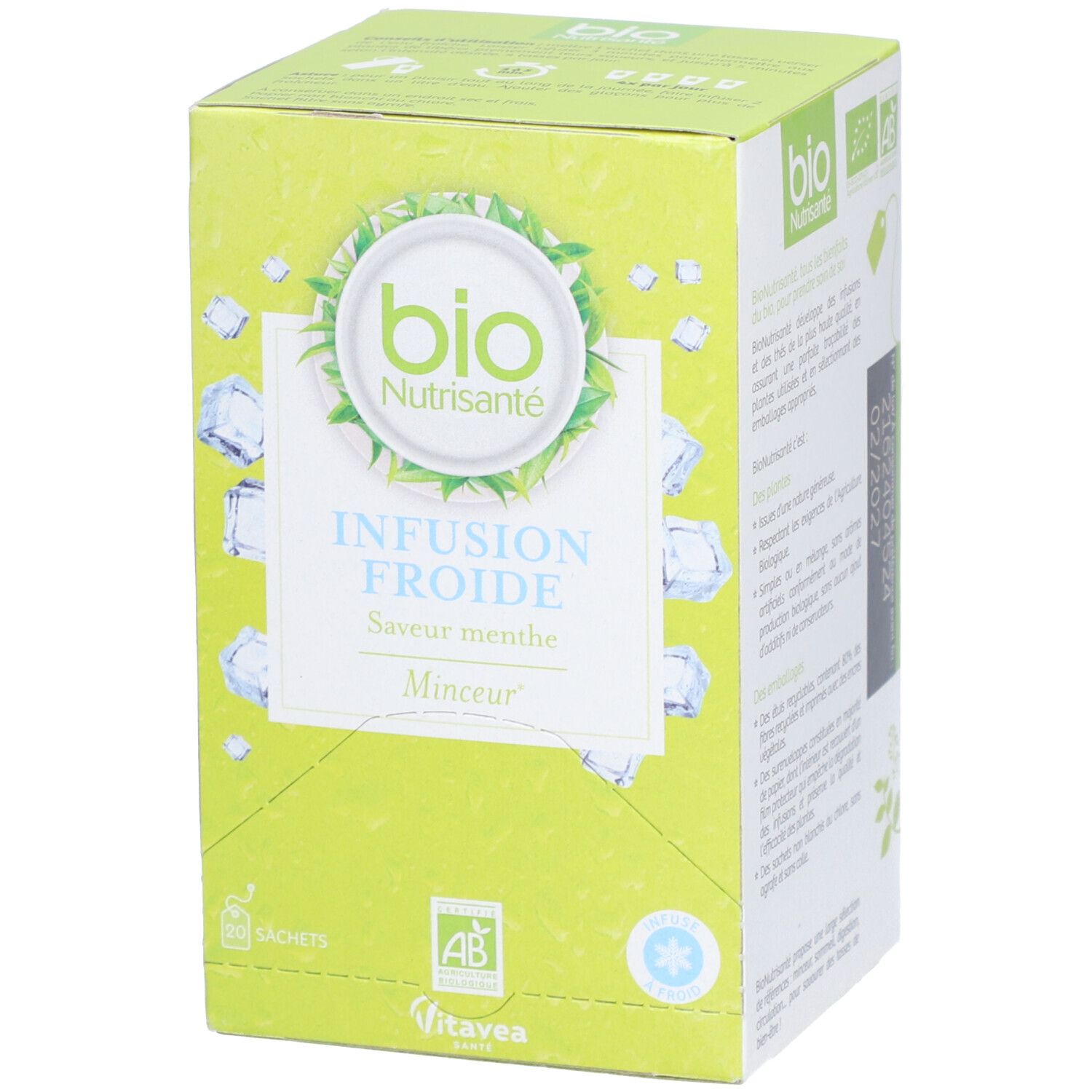 Grüne Schachtel mit "bio Nutrisanté" Logo, "Infusion Froide" und "Saveur menthe". AB-Siegel.