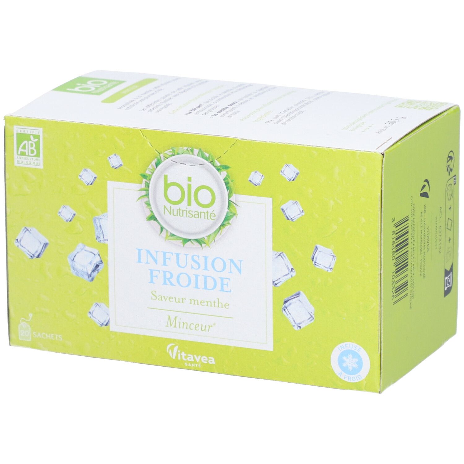 Grüne Schachtel mit "bio Nutrisanté" Logo, "Infusion Froide" und "Saveur menthe". AB-Siegel.