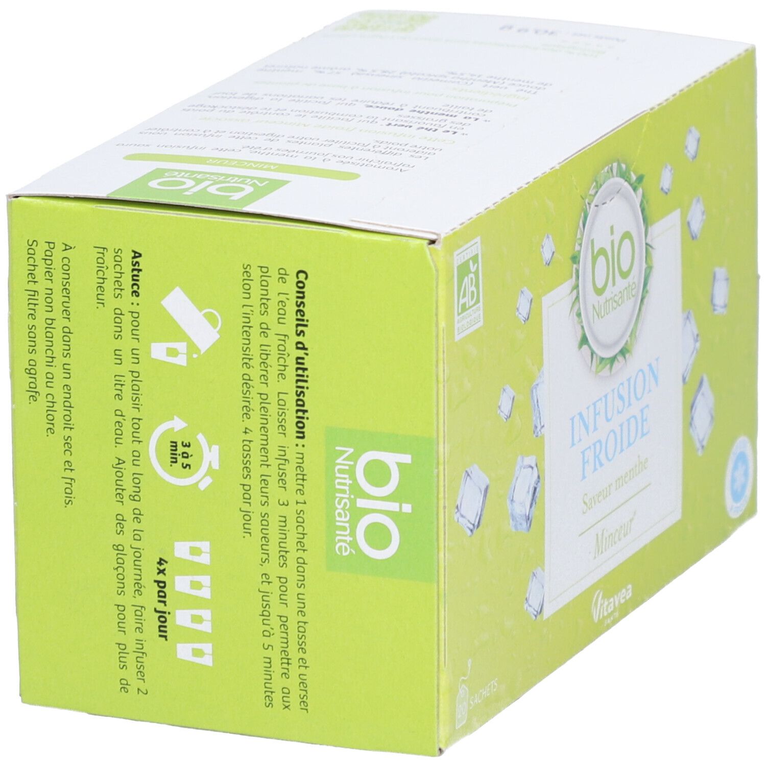 Grüne Schachtel mit "bio Nutrisanté" Logo, "Infusion Froide" und "Saveur menthe". AB-Siegel.