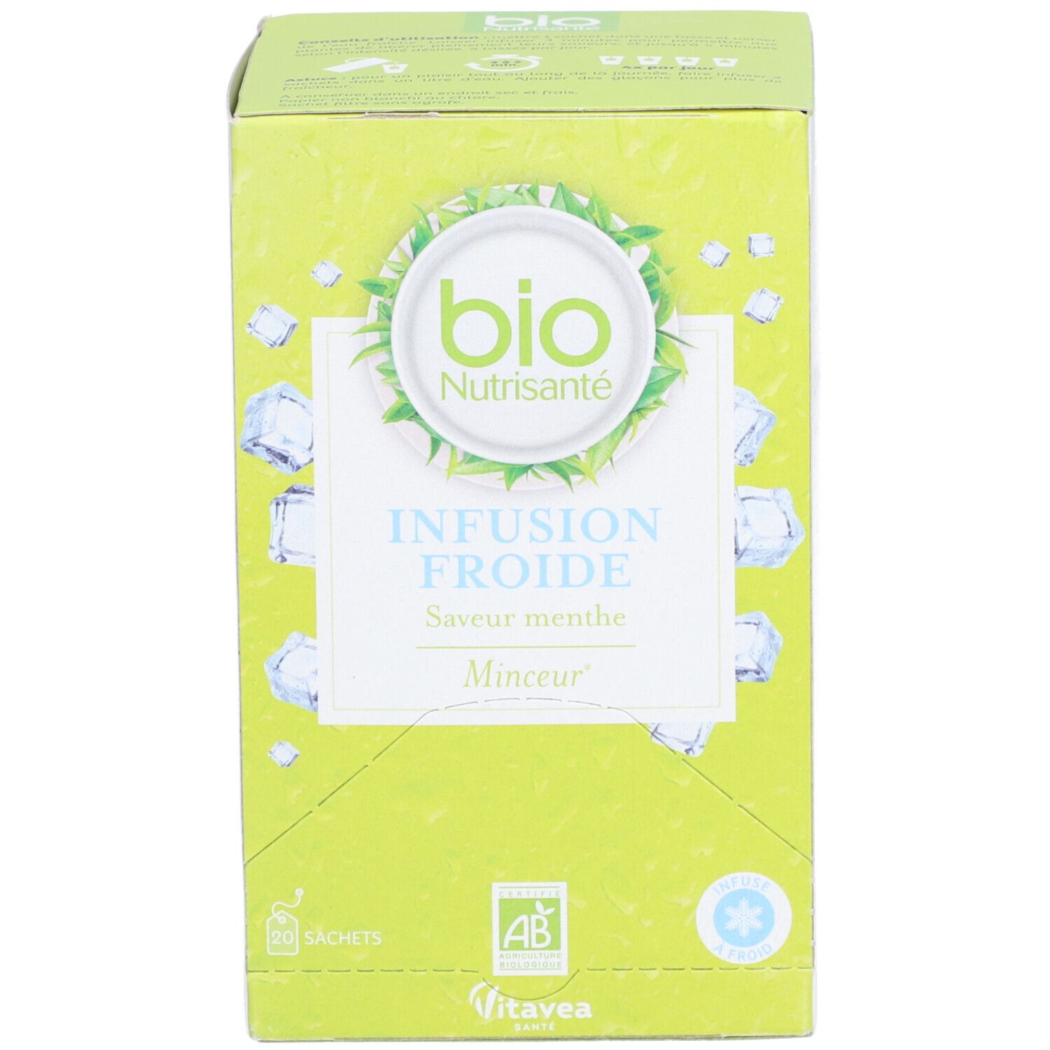 Grüne Schachtel mit "bio Nutrisanté" Logo, "Infusion Froide" und "Saveur menthe". AB-Siegel.