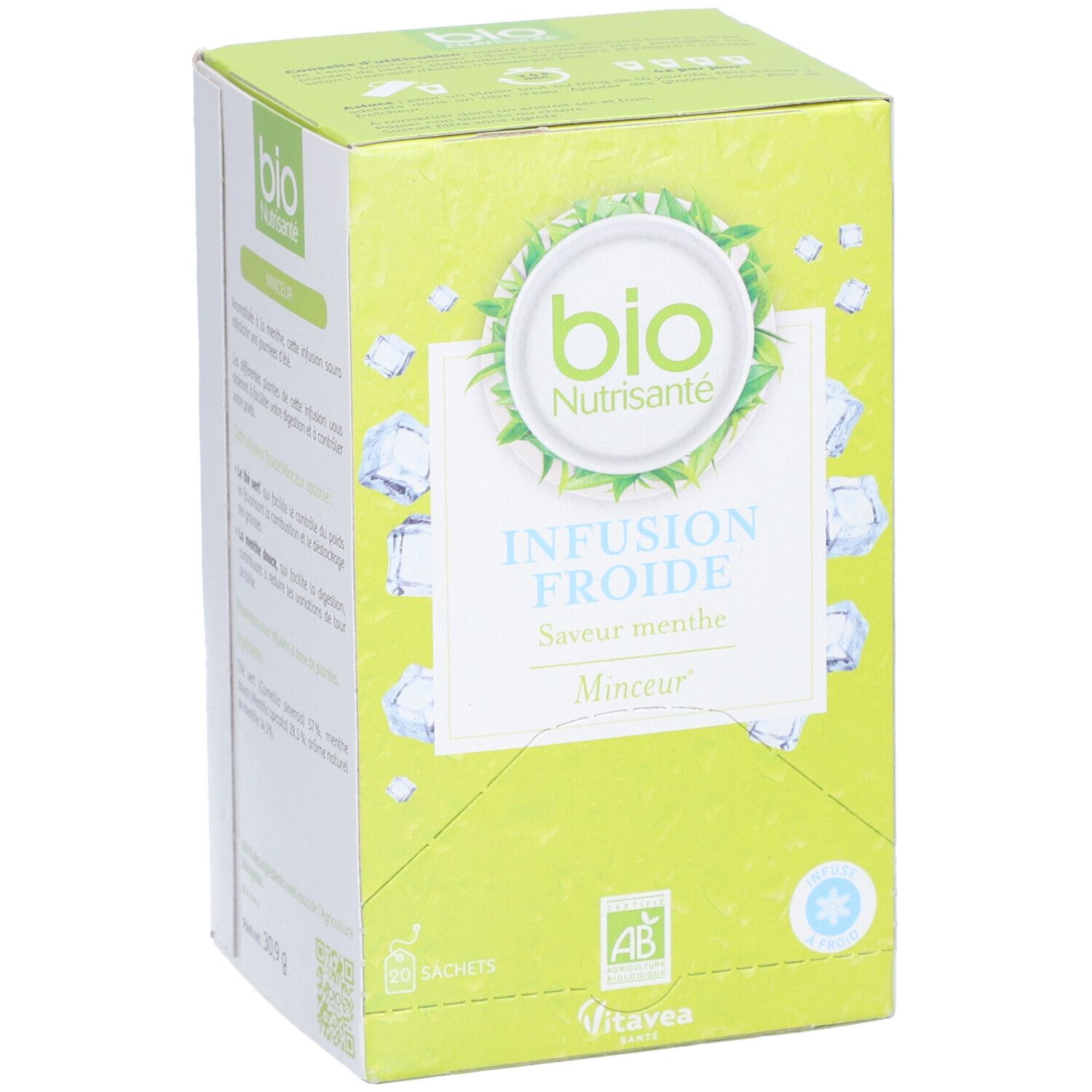 Grüne Schachtel mit "bio Nutrisanté" Logo, "Infusion Froide" und "Saveur menthe". AB-Siegel.