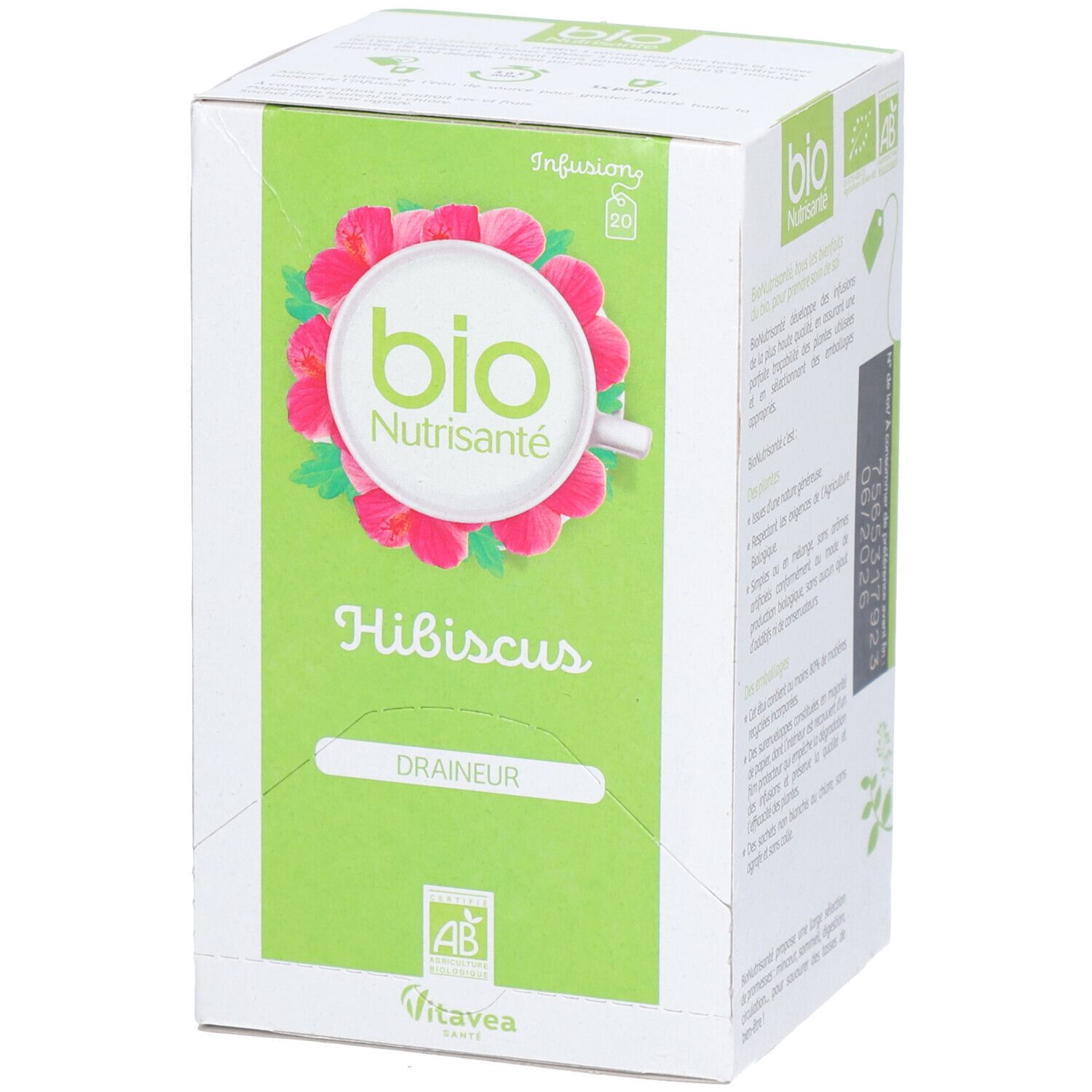Kartonverpackung mit grüner Fläche, Hibiskus-Blüten-Design und Text. Bio-Zertifizierung und Marke Vitae. Produktname: Hibiskus Draineur.