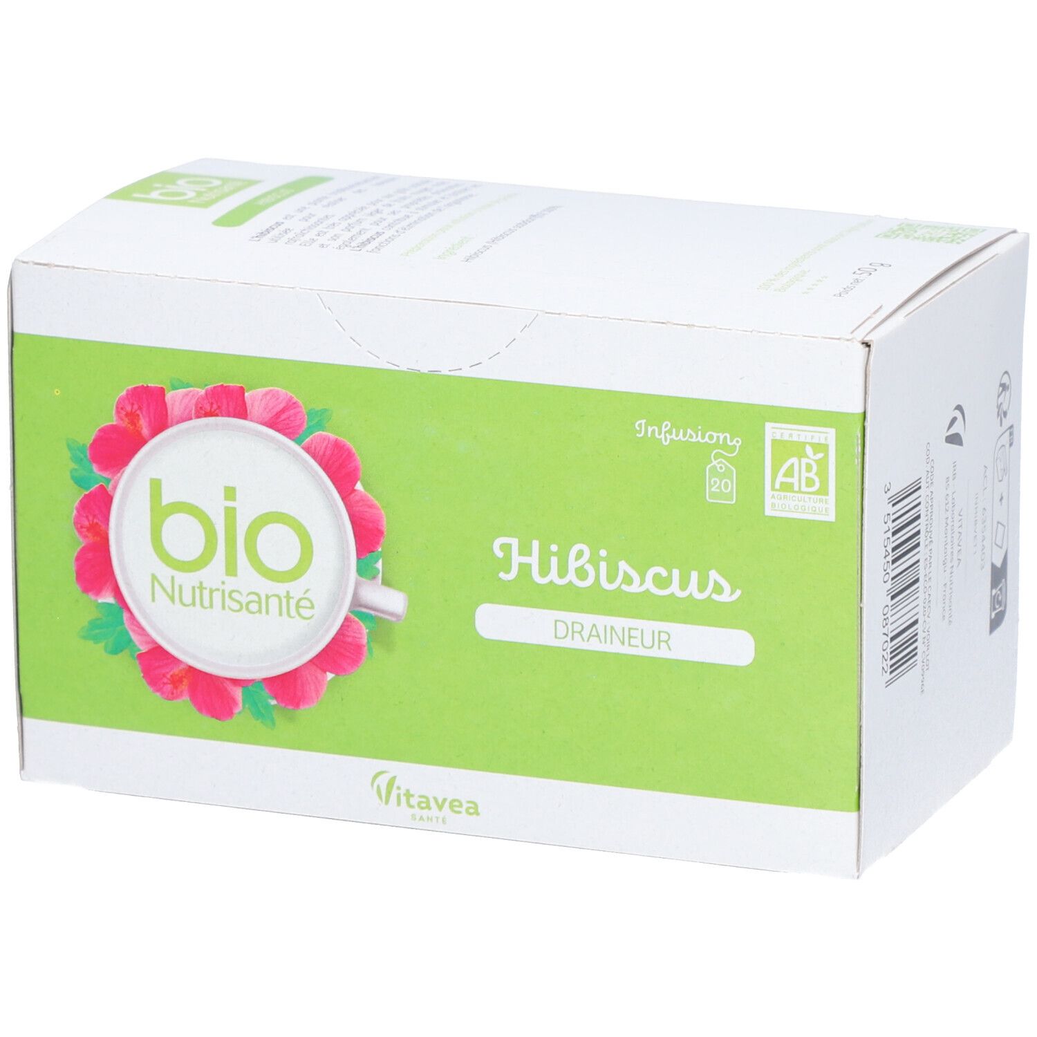 Kartonverpackung mit grünem Feld, Hibiskus-Blüten-Design und Text. Bio-Zertifizierung und Marke Vitae. Produktname: Hibiskus Draineur.