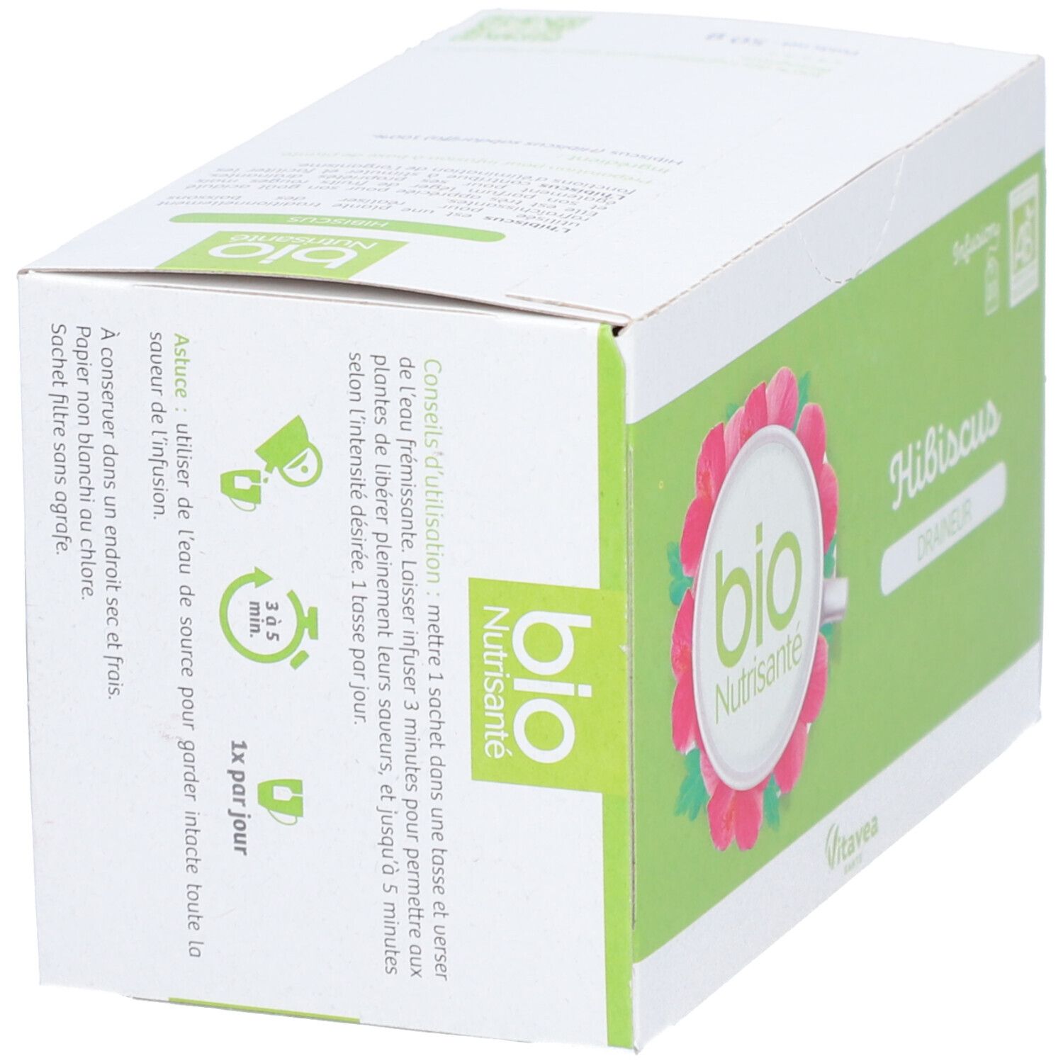 Kartonverpackung mit Text und Hibiskus-Blüten-Design. Bio-Zertifizierung und Marke Vitae. Gebrauchsanweisung und Zubereitungshinweise.