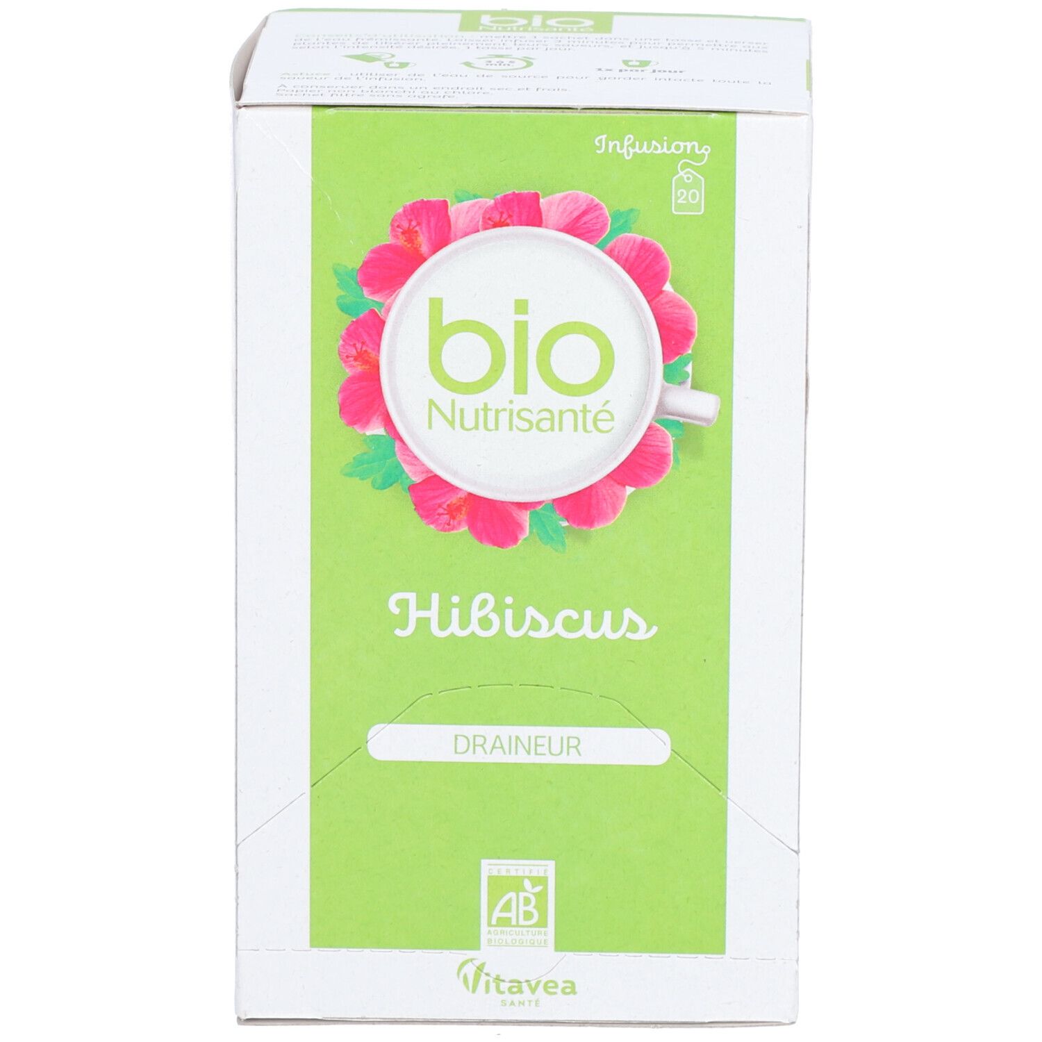 Kartonverpackung mit grünem Feld, Hibiskus-Blüten-Design und Text. Bio-Zertifizierung und Marke Vitae. Produktname: Hibiskus Draineur.