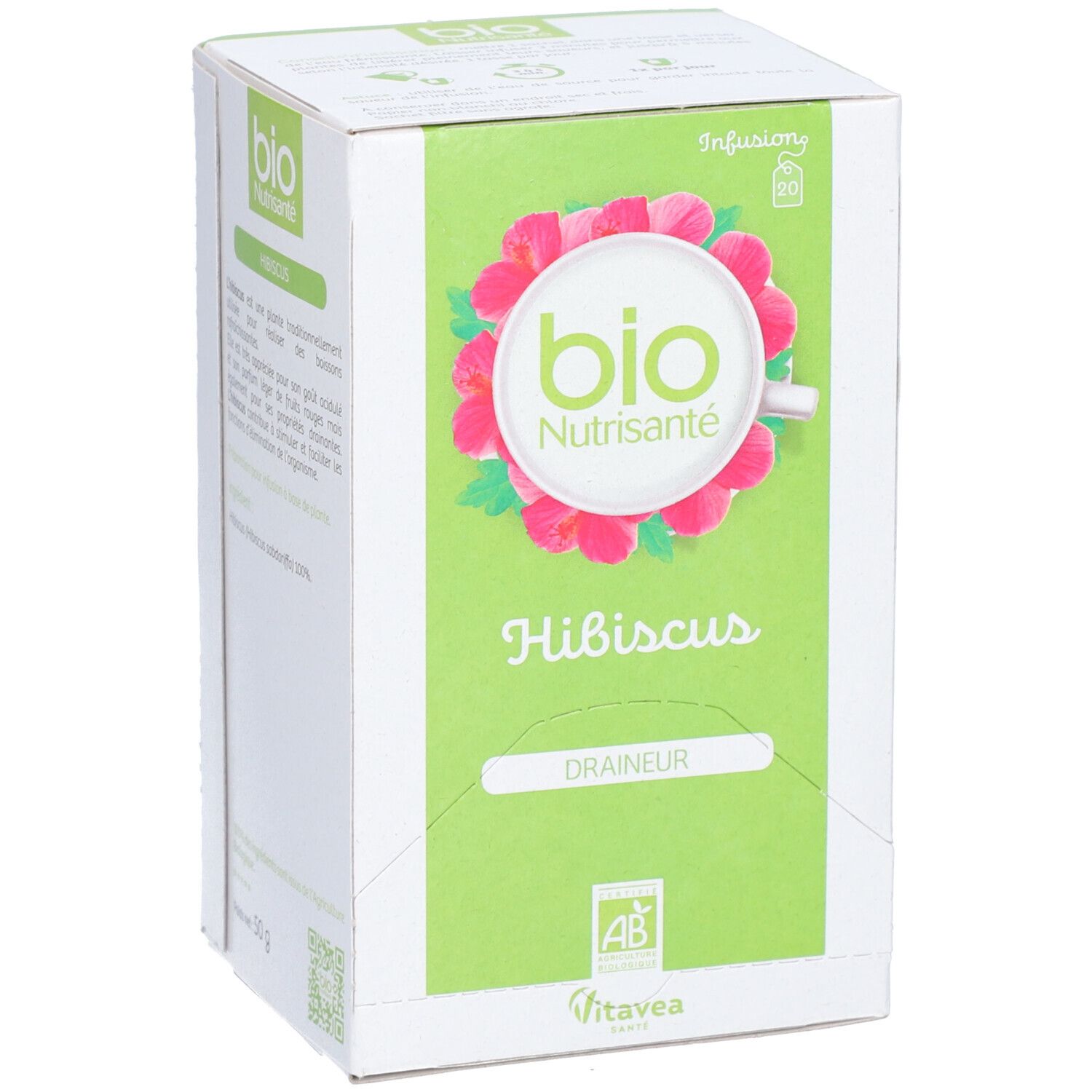 Kartonverpackung mit grünem Feld, Hibiskus-Blüten-Design und Text. Bio-Zertifizierung und Marke Vitae. Produktname: Hibiskus Draineur.