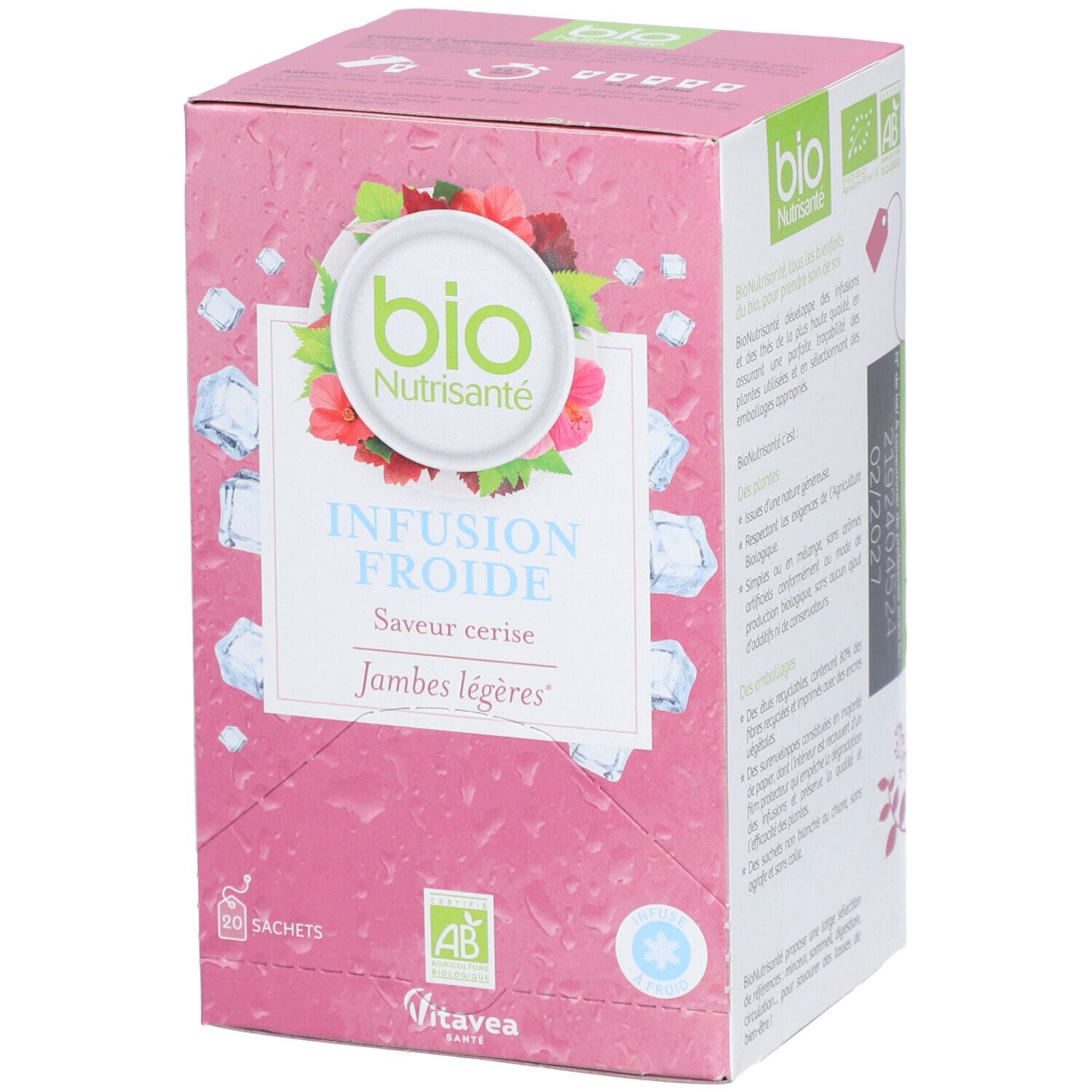 Rosa Schachtel mit "bio Nutrisanté" Logo, "Infusion Froide" und "Saveur cerise". AB-Siegel und Eiswürfel-Design.