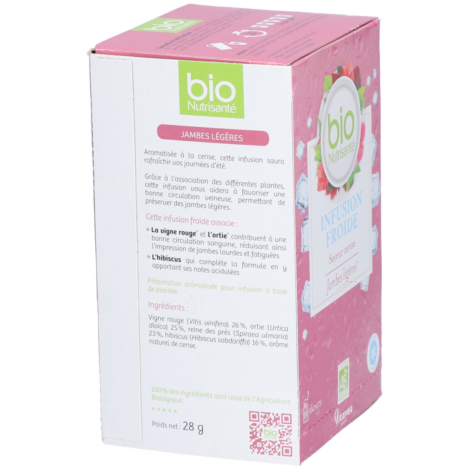 Rückseite der rosa Schachtel mit Text. "bio Nutrisanté" Logo, "Jambes légères" und Zutatenliste. AB-Siegel.